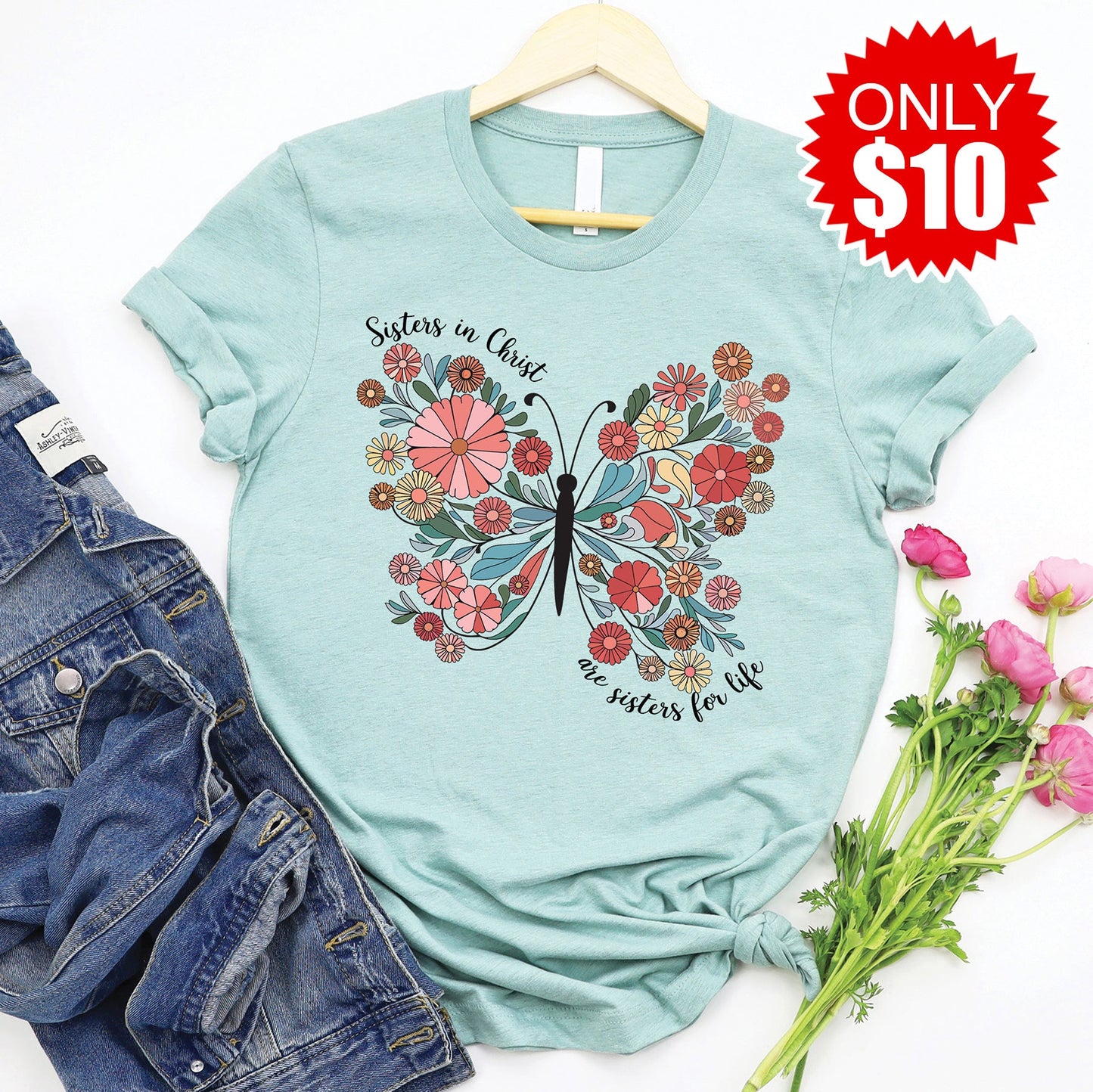 Sisters In Christ Tee - Heather Dusty Blue