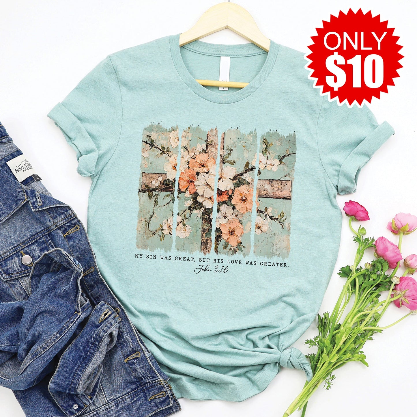 His Love Is Greater Tee - Heather Dusty Blue