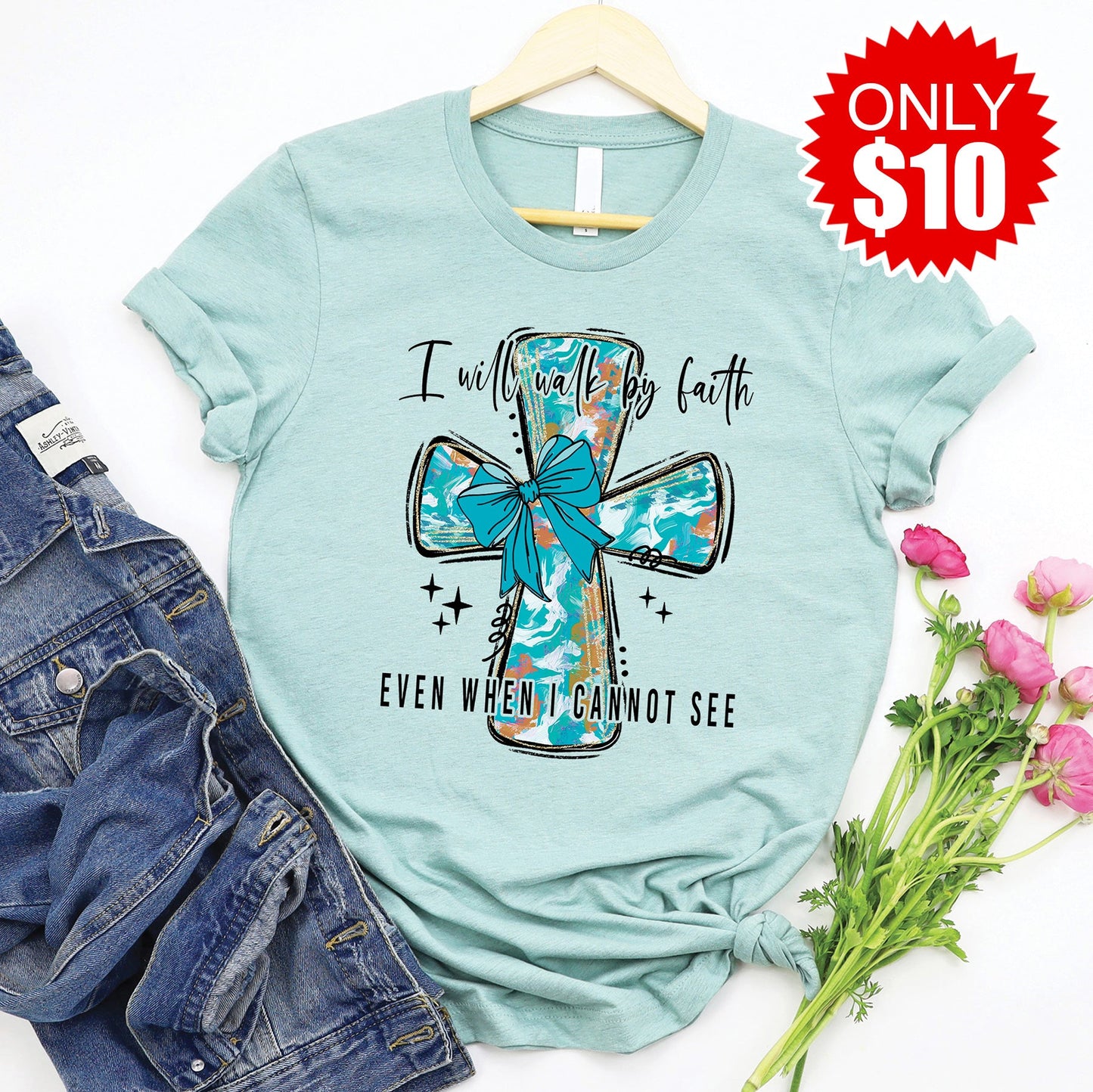 Walk By Faith Tee - Heather Dusty Blue