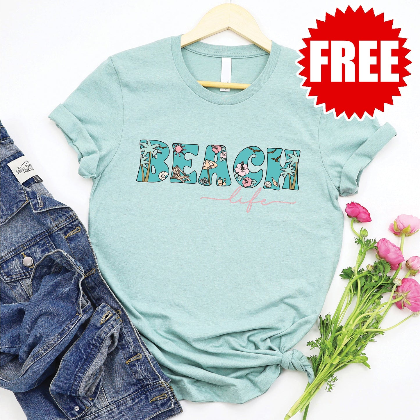 Beach Life Tee - Heather Dusty Blue - 0