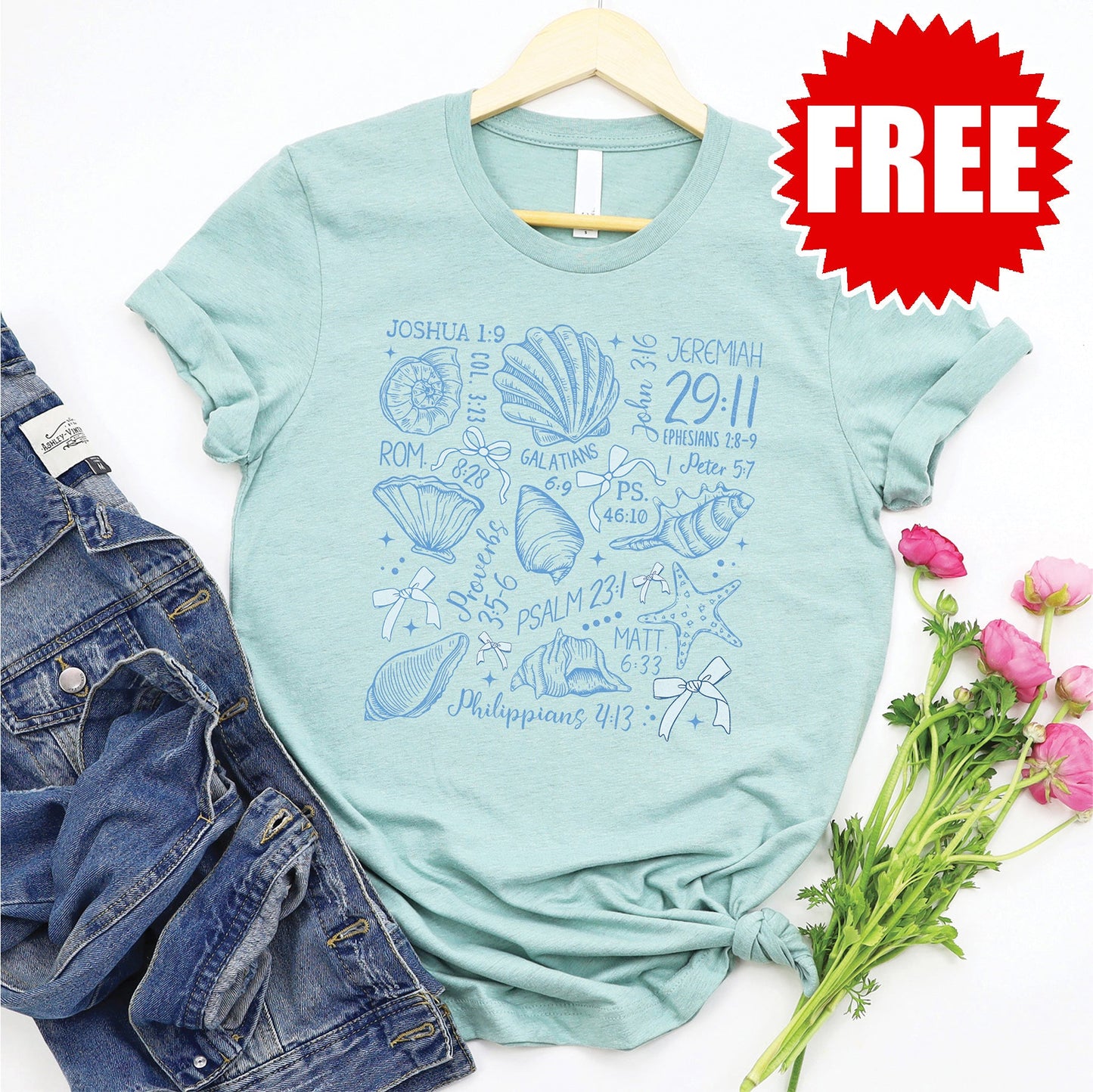 Bible Verses Shells Tee - Heather Dusty Blue - 0