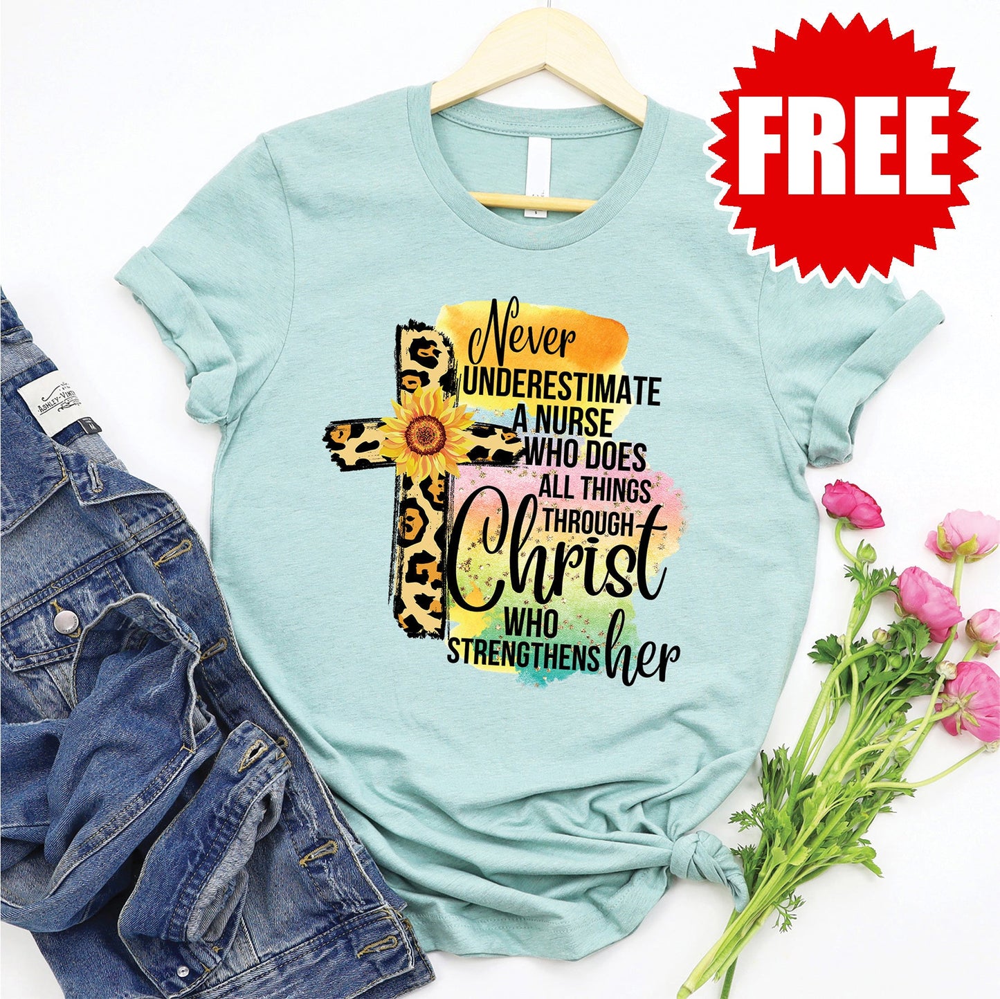 Never Underestimate a Nurse Tee - Heather Dusty Blue - FREE