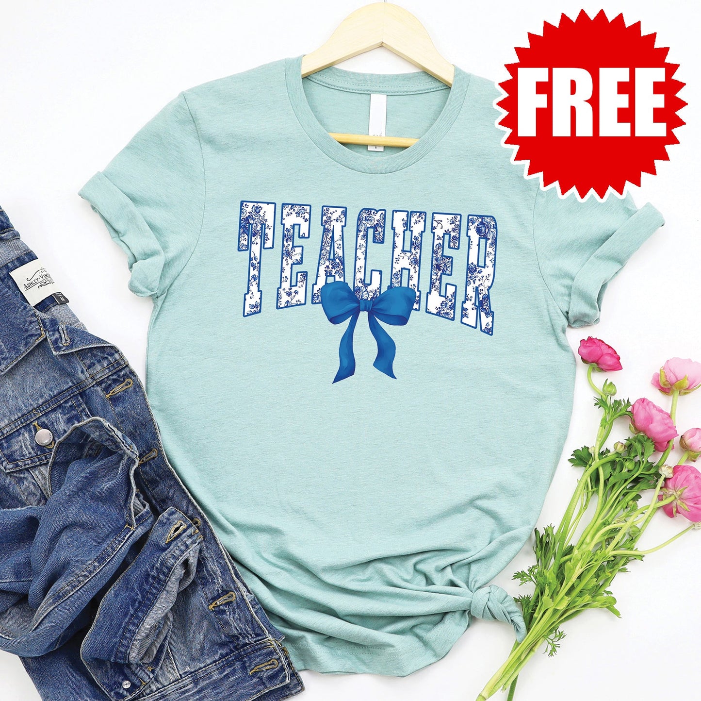 Teacher Varsity Tee - Heather Dusty Blue - FREE