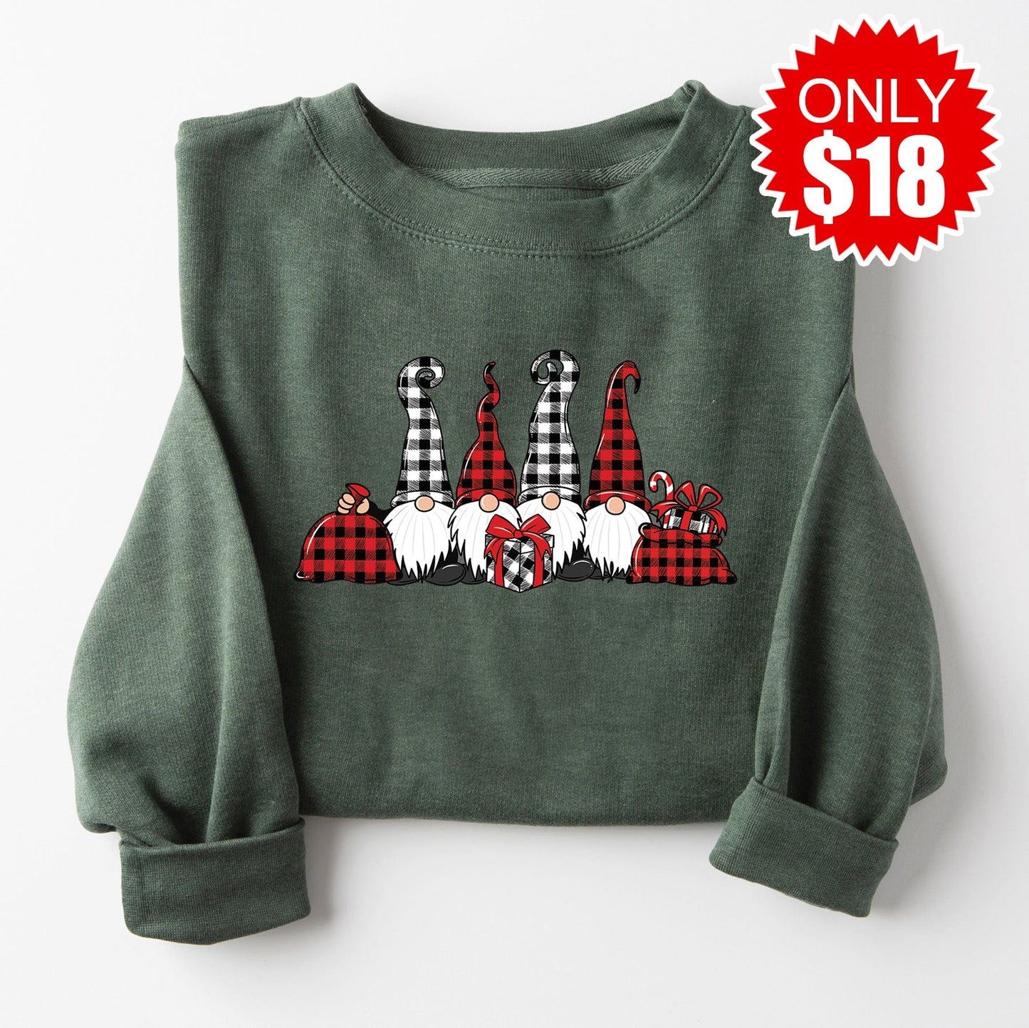 Plaid Gnomes Crewneck Sweatshirt - Heather Forest
