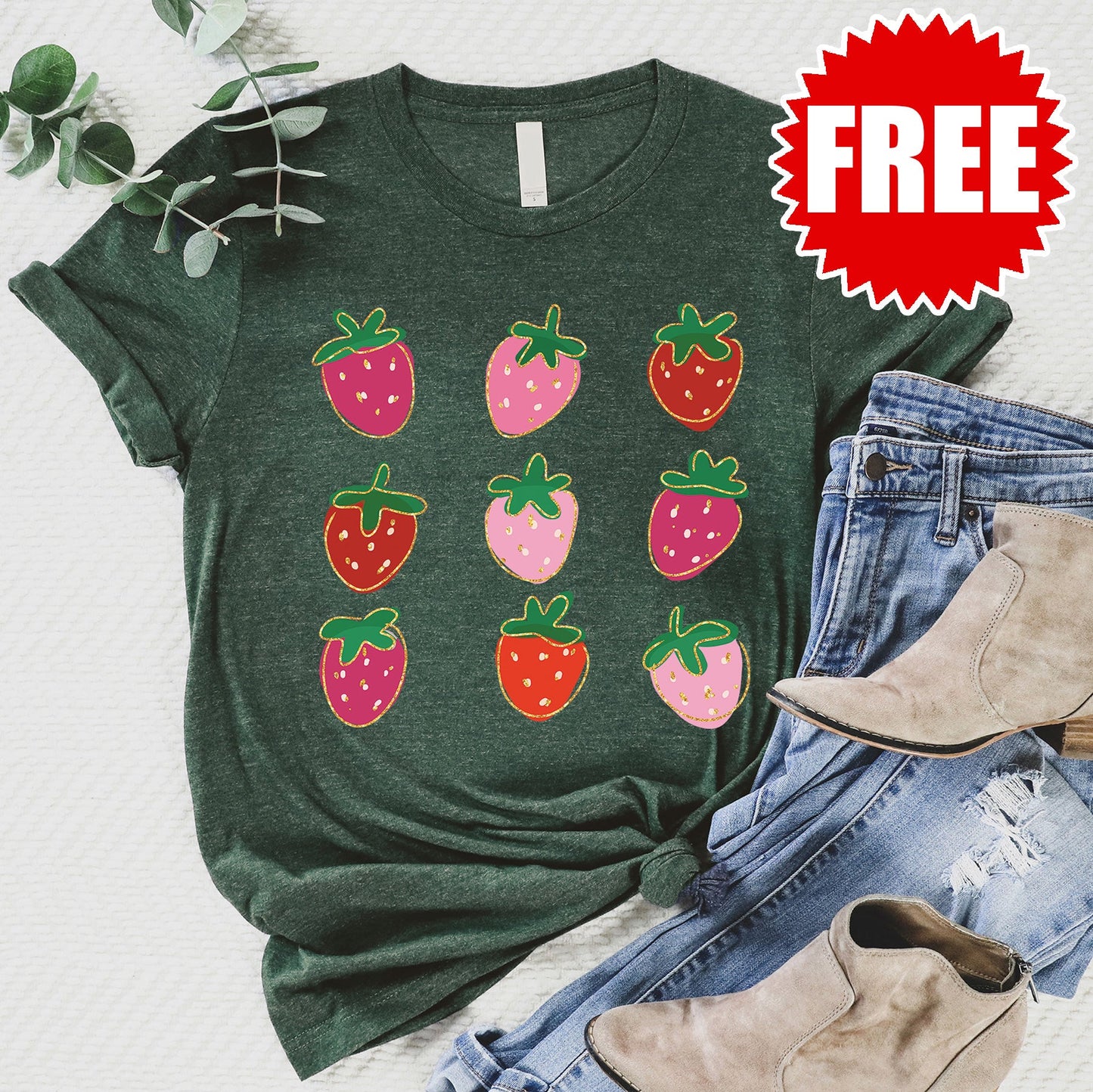 Strawberries Tee - Heather Forest - 0