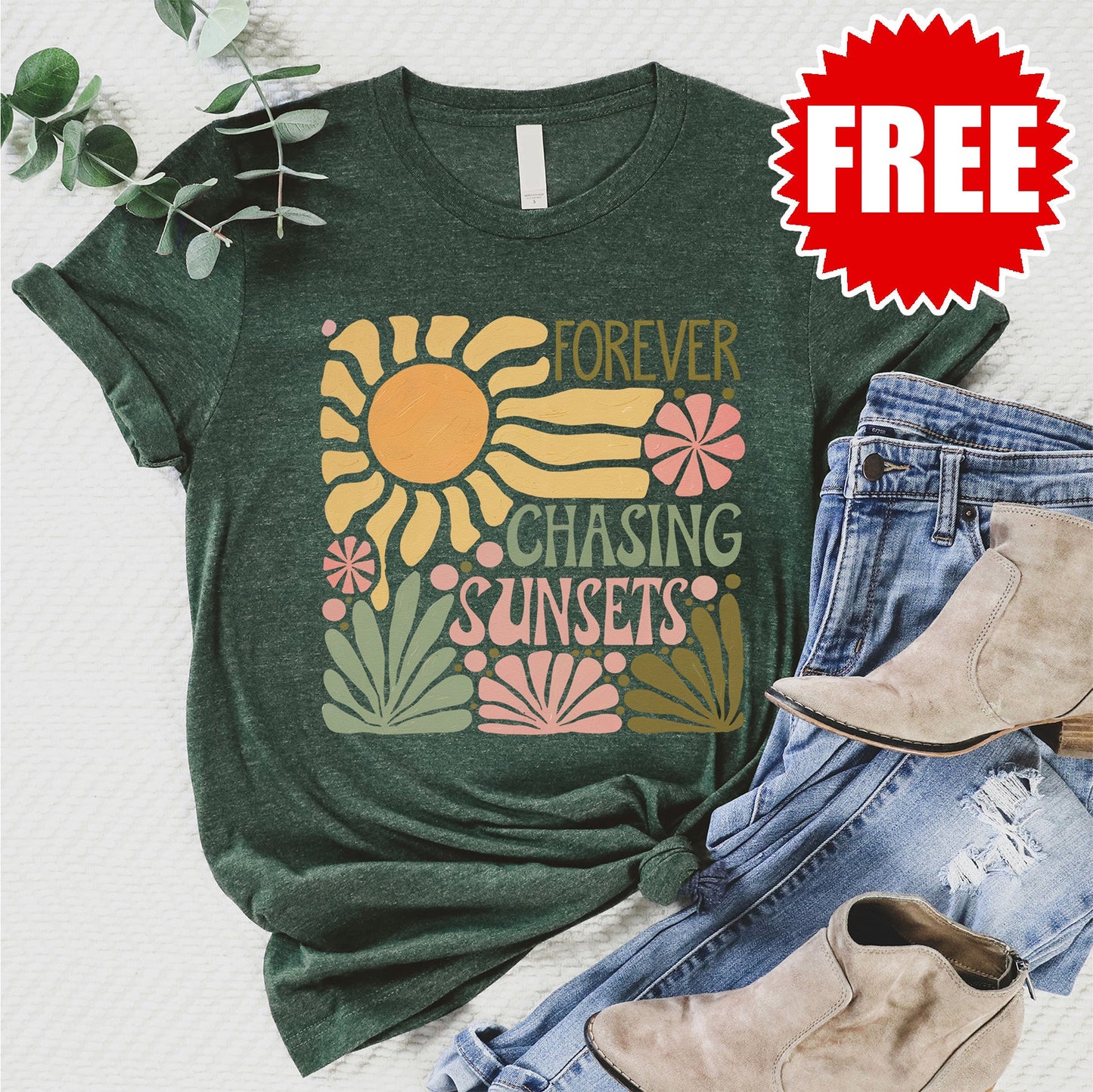 Forever Chasing Sunsets Tee - Heather Forest - 0