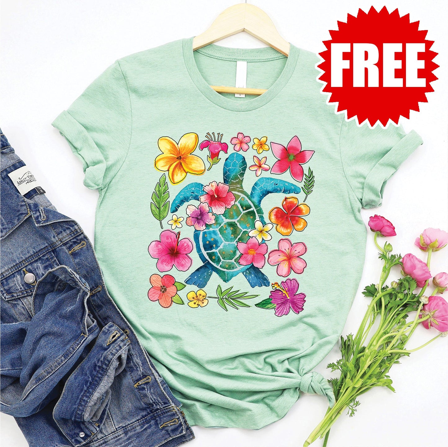 Turtle Floral Tee - Heather Honeydew - 0 Style001