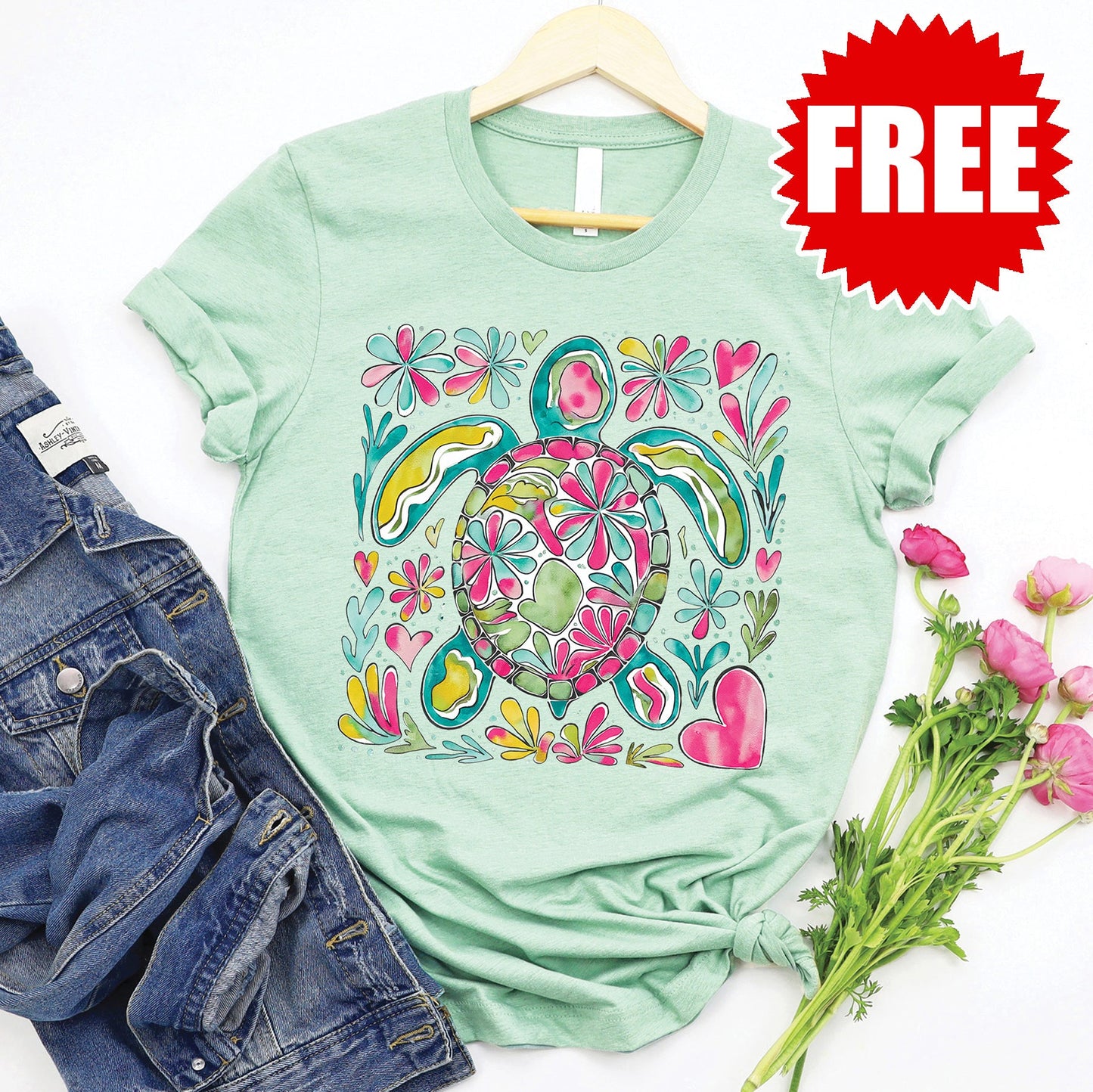 Turtle Floral Tee - Heather Honeydew - 0