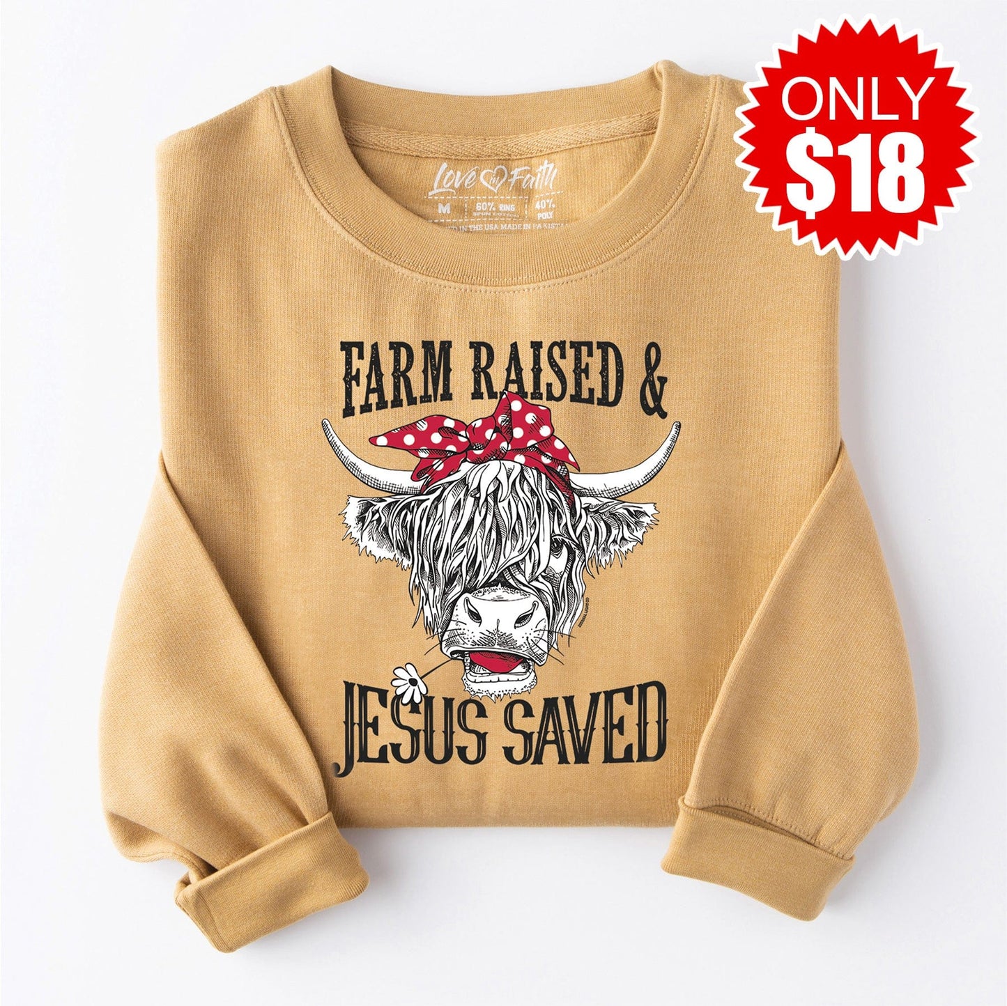 Farm Raised Jesus Saved Crewneck Sweatshirt - Heather Khaki