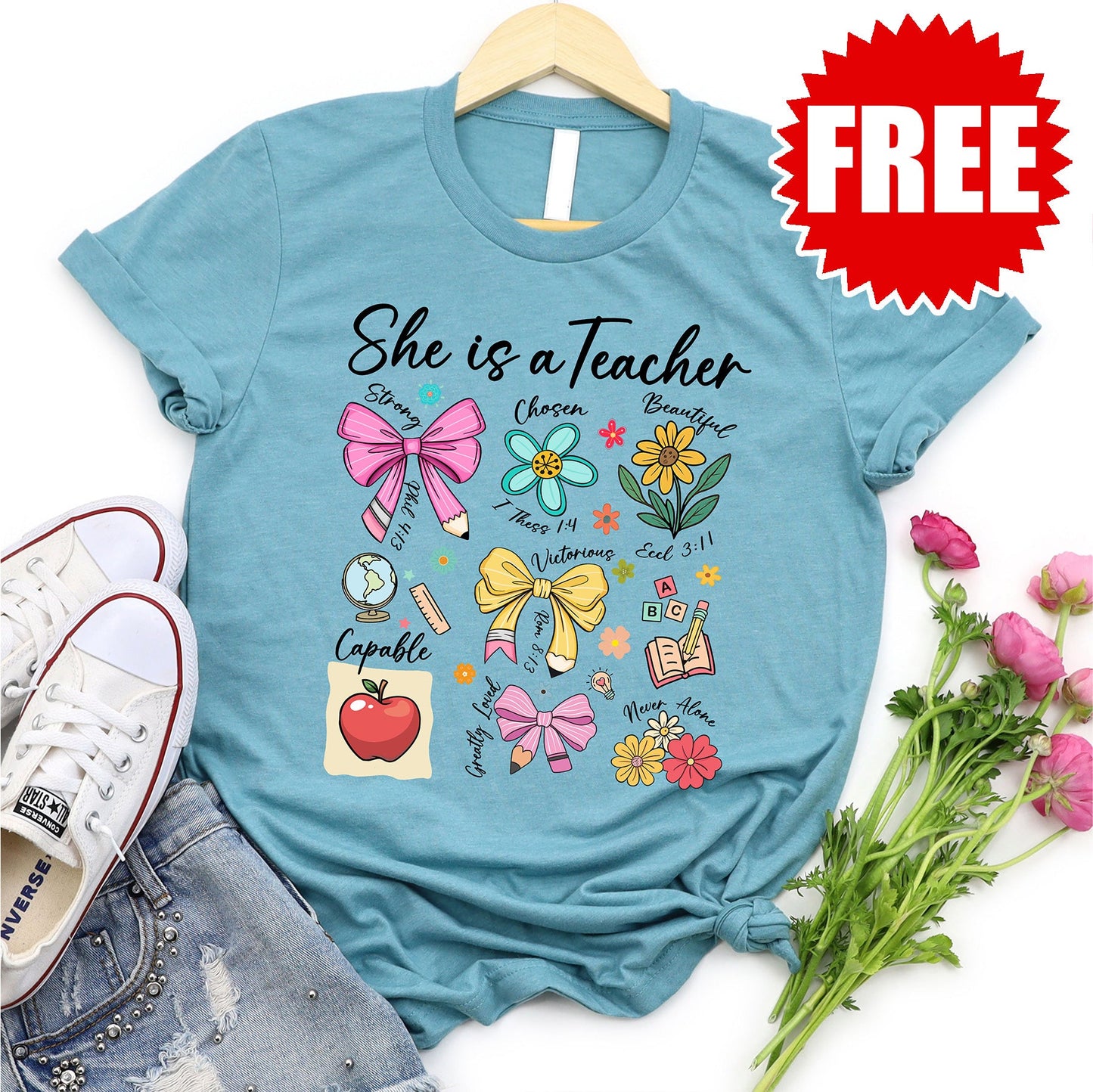 She Is Teacher Tee - Heather Lagoon - 0