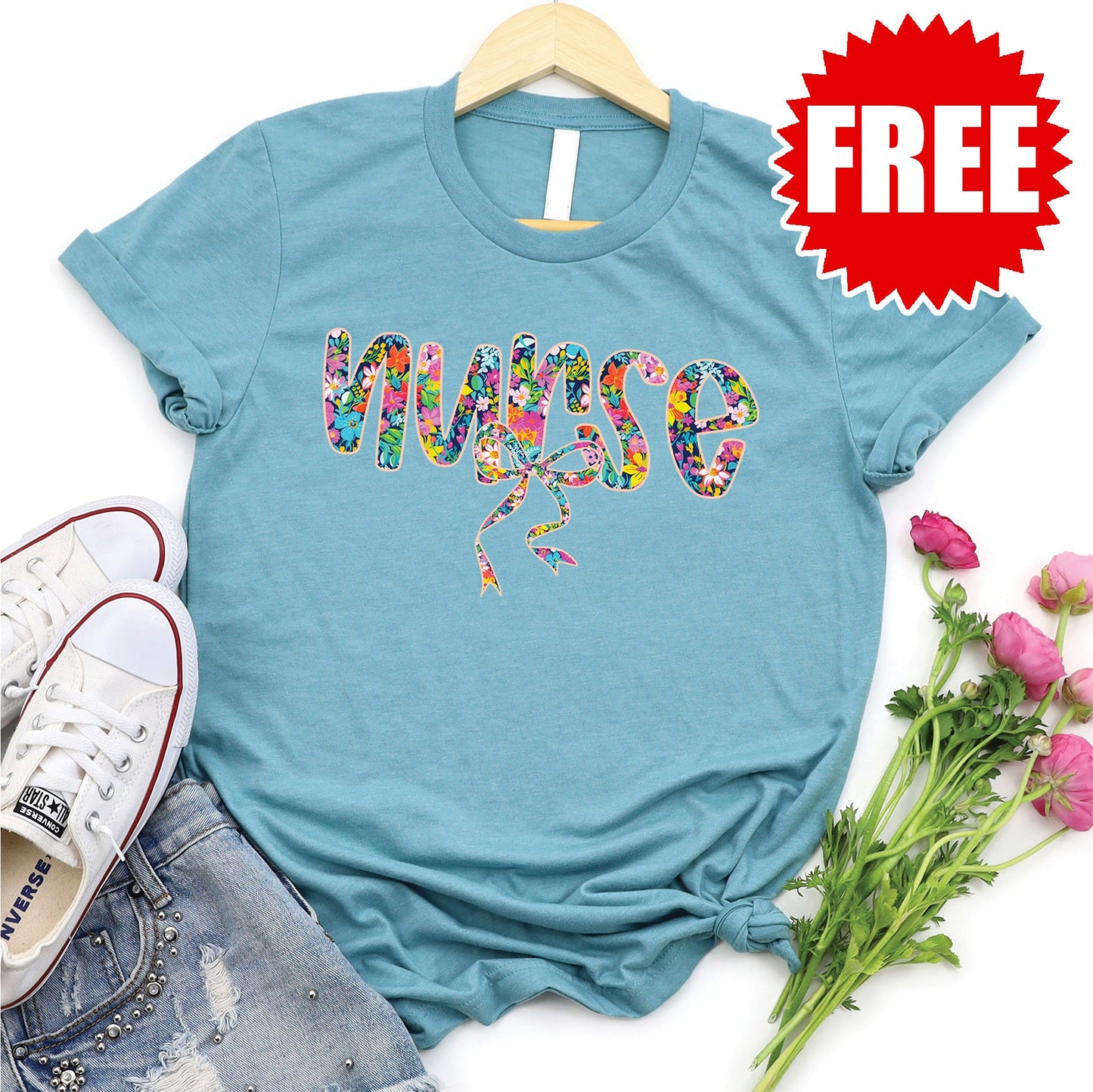 Nurse Flower Pattern Tee - Heather Lagoon - FREE