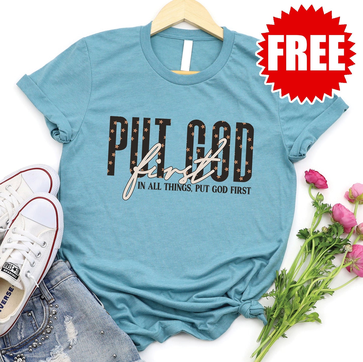 Put God First Tee - Heather Lagoon - 0