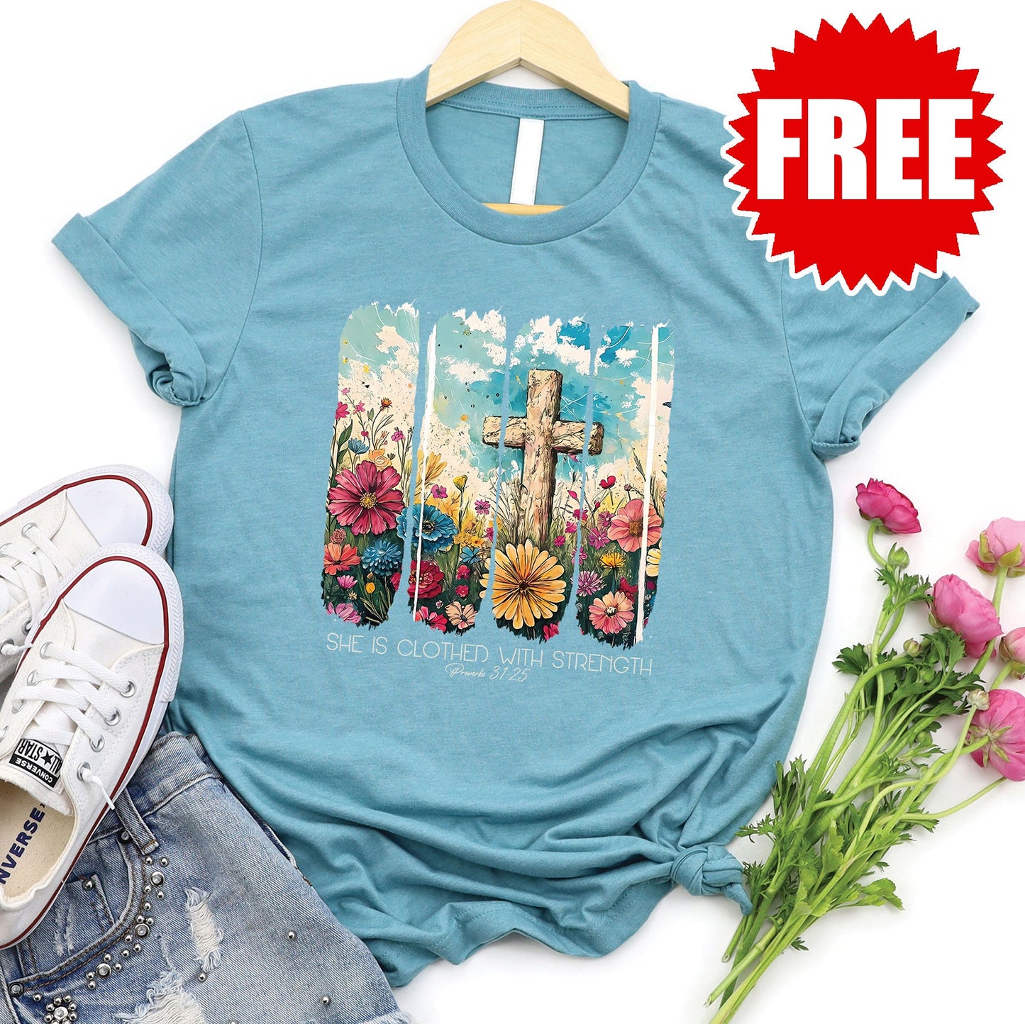 She is Clothed - White Tee - Heather Lagoon - FREE