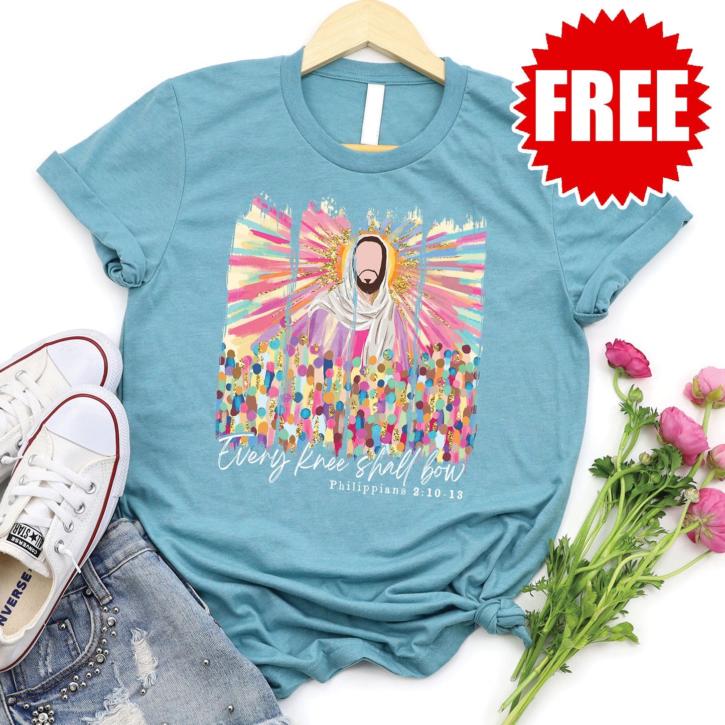Jesus Watercolor Tee - Heather Lagoon - FREE