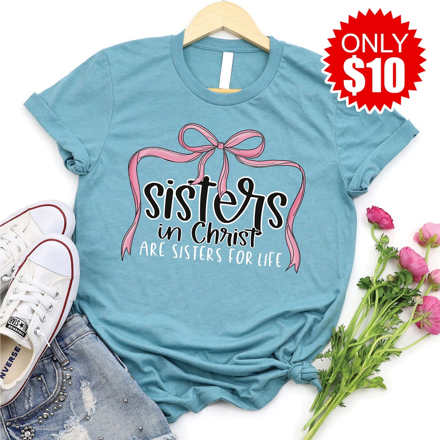 Sisters in Christ Bow Tee - Heather Lagoon