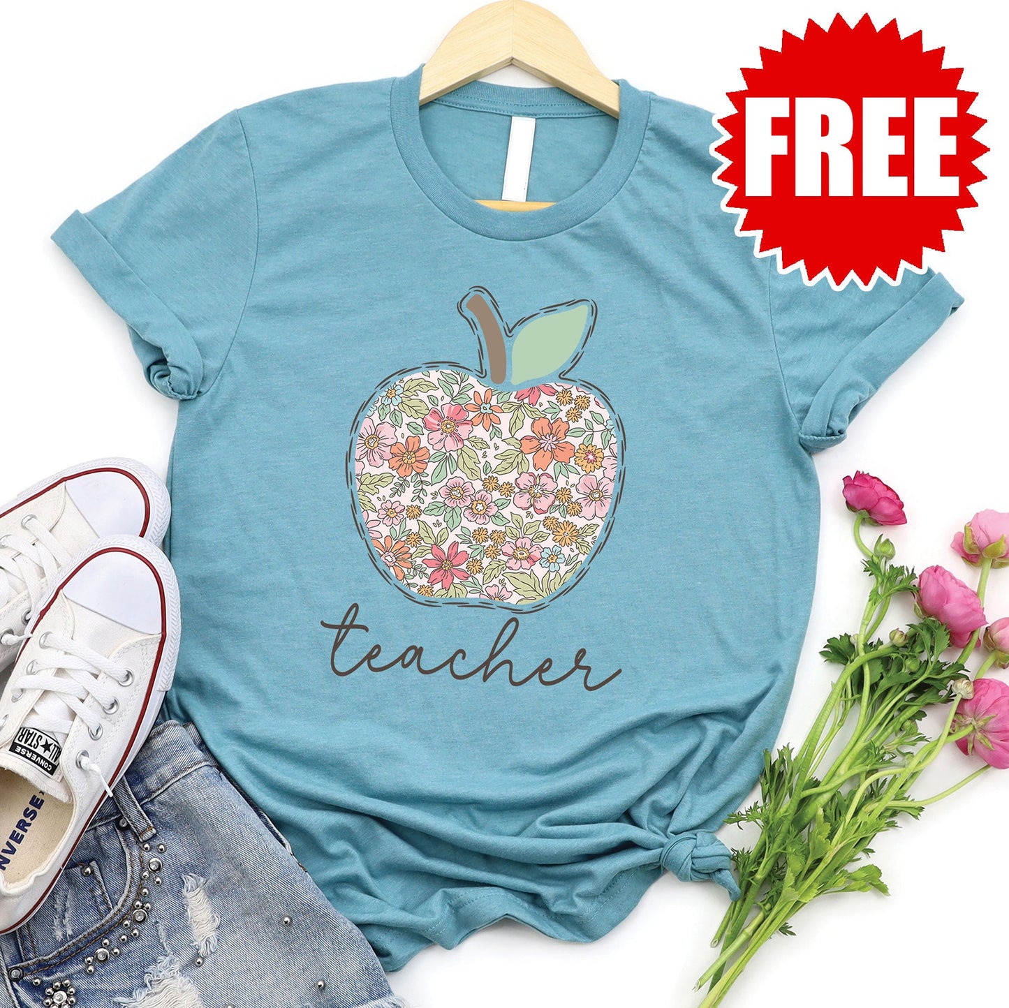 Teacher Apple Tee - Heather Lagoon - FREE