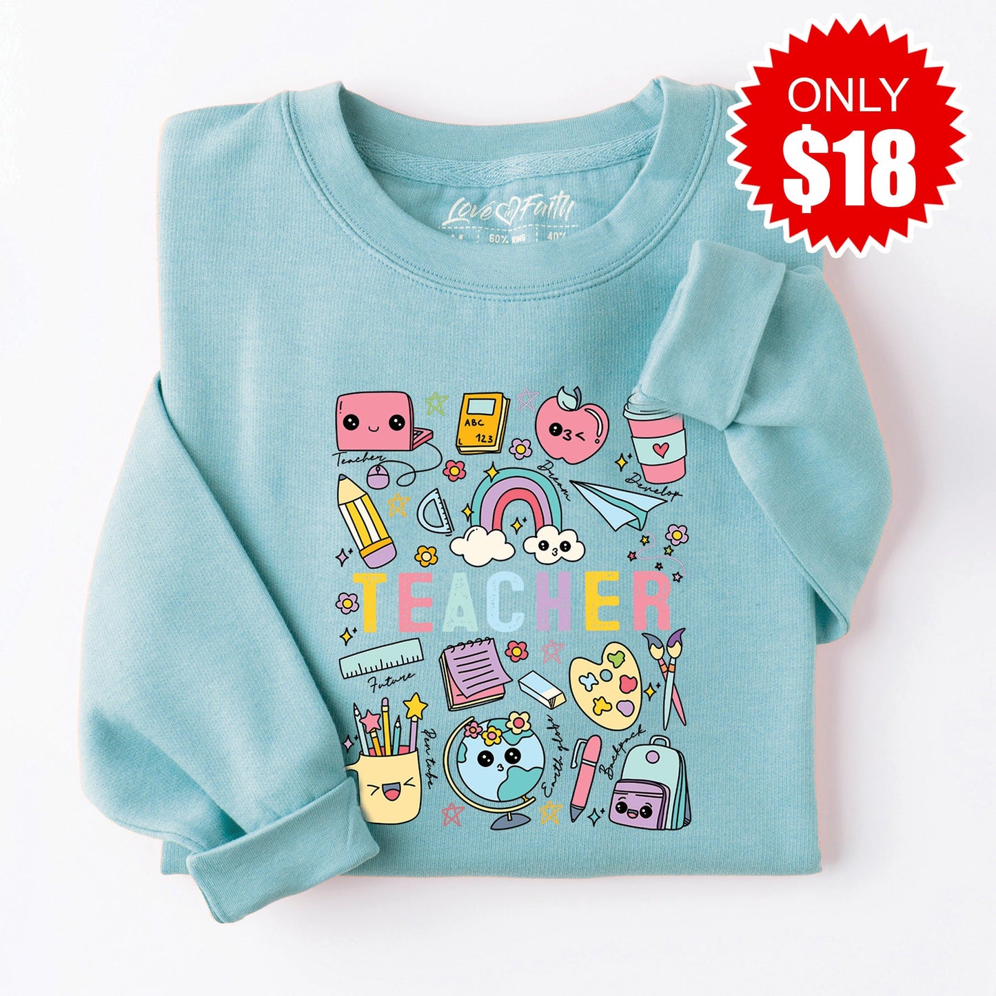 Teacher Rainbow Sweatshirt - Heather Lagoon - 18