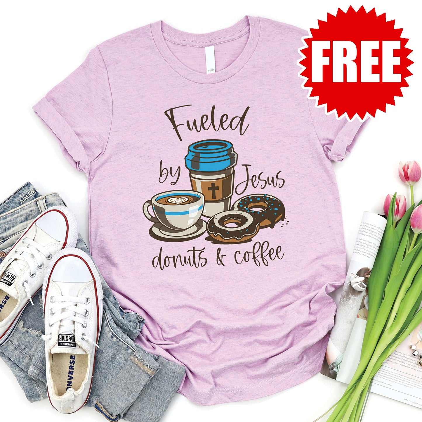 Jesus Donuts and Coffee Tee - Heather Lilac - 0