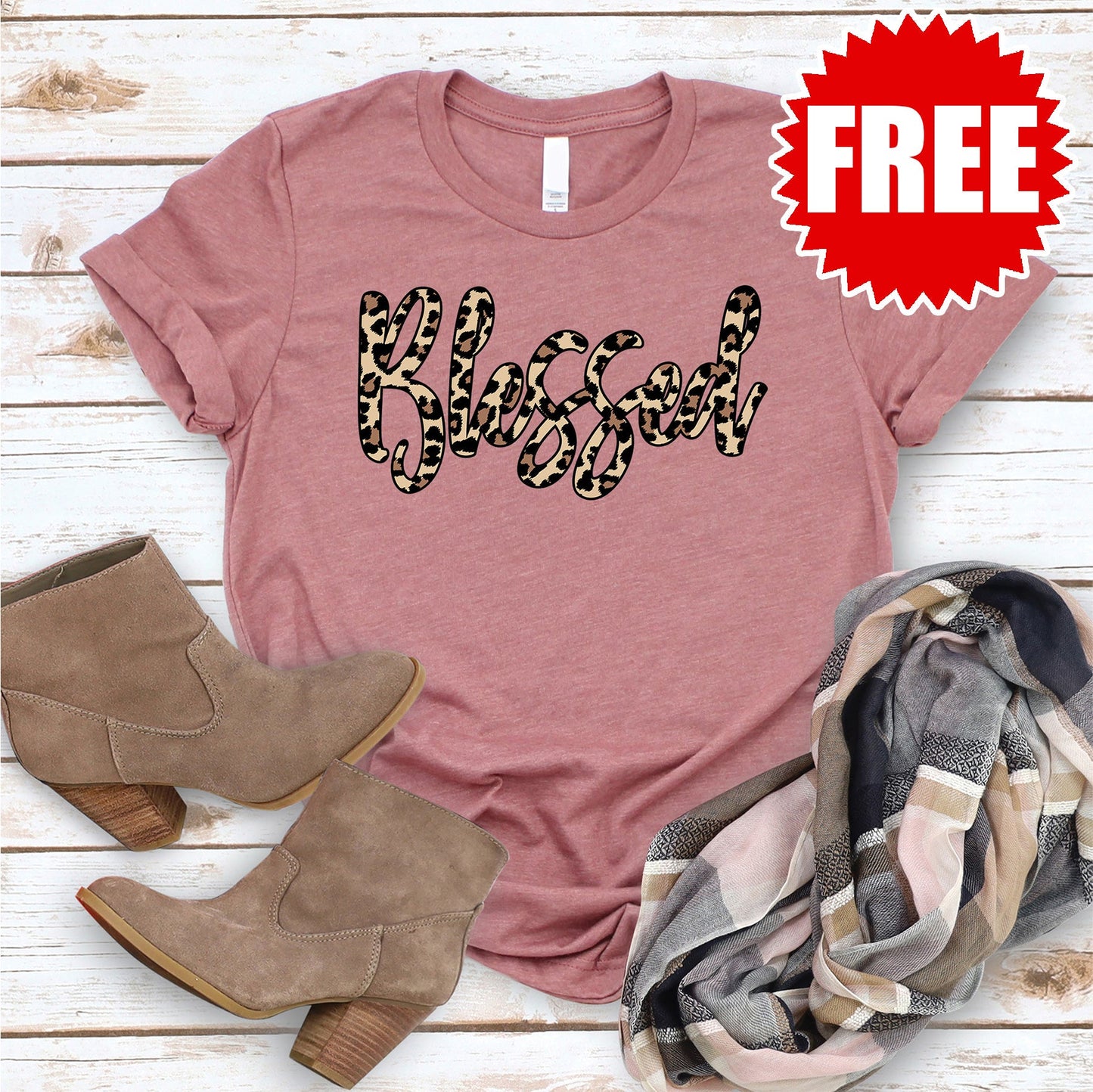 Blessed Leopard Tee - Heather Mauve Style001