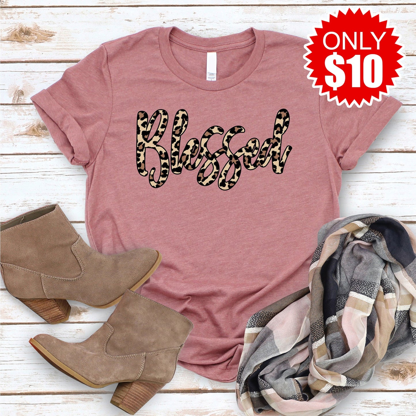 Blessed Leopard Tee - Heather Mauve