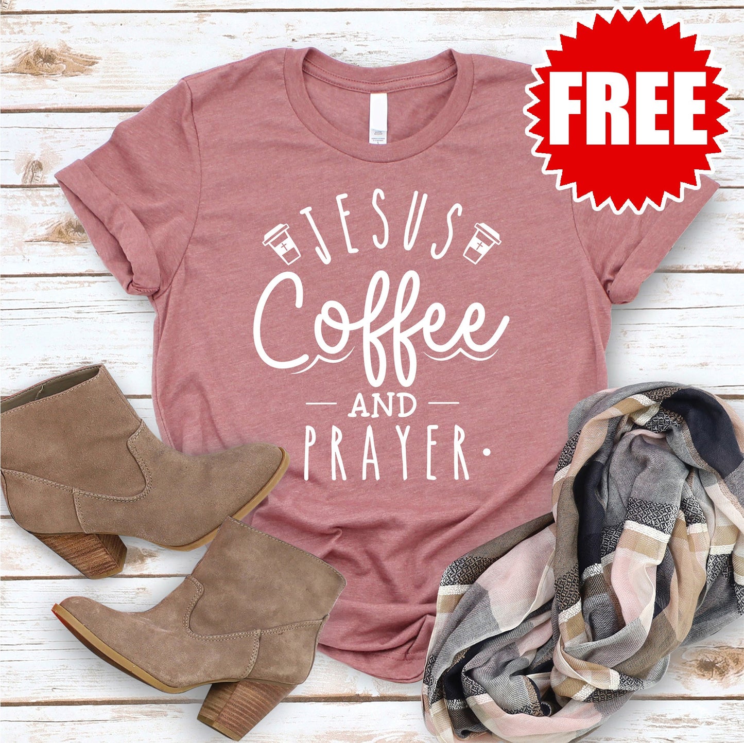 Jesus Coffee Prayer Tee - Heather Mauve - FREE