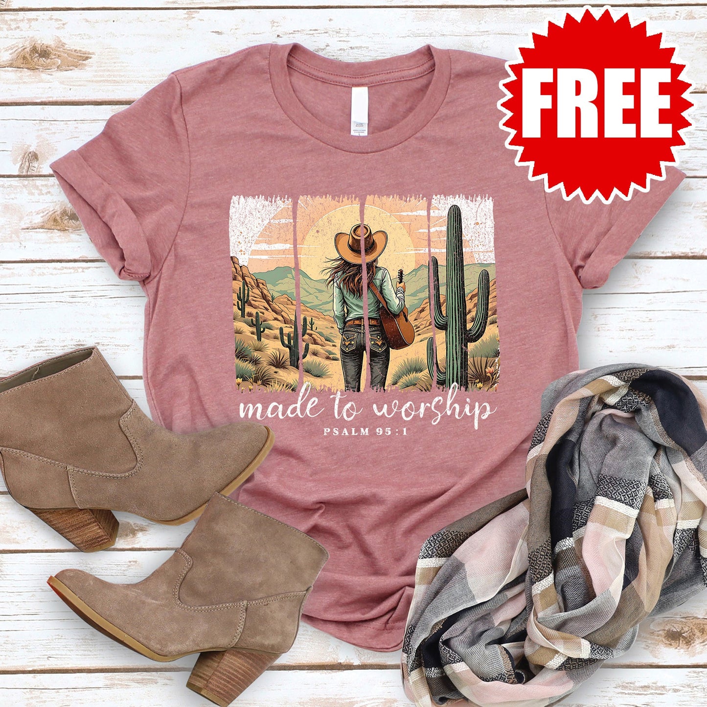 Made To Worship Western Tee - Heather Mauve - FREE