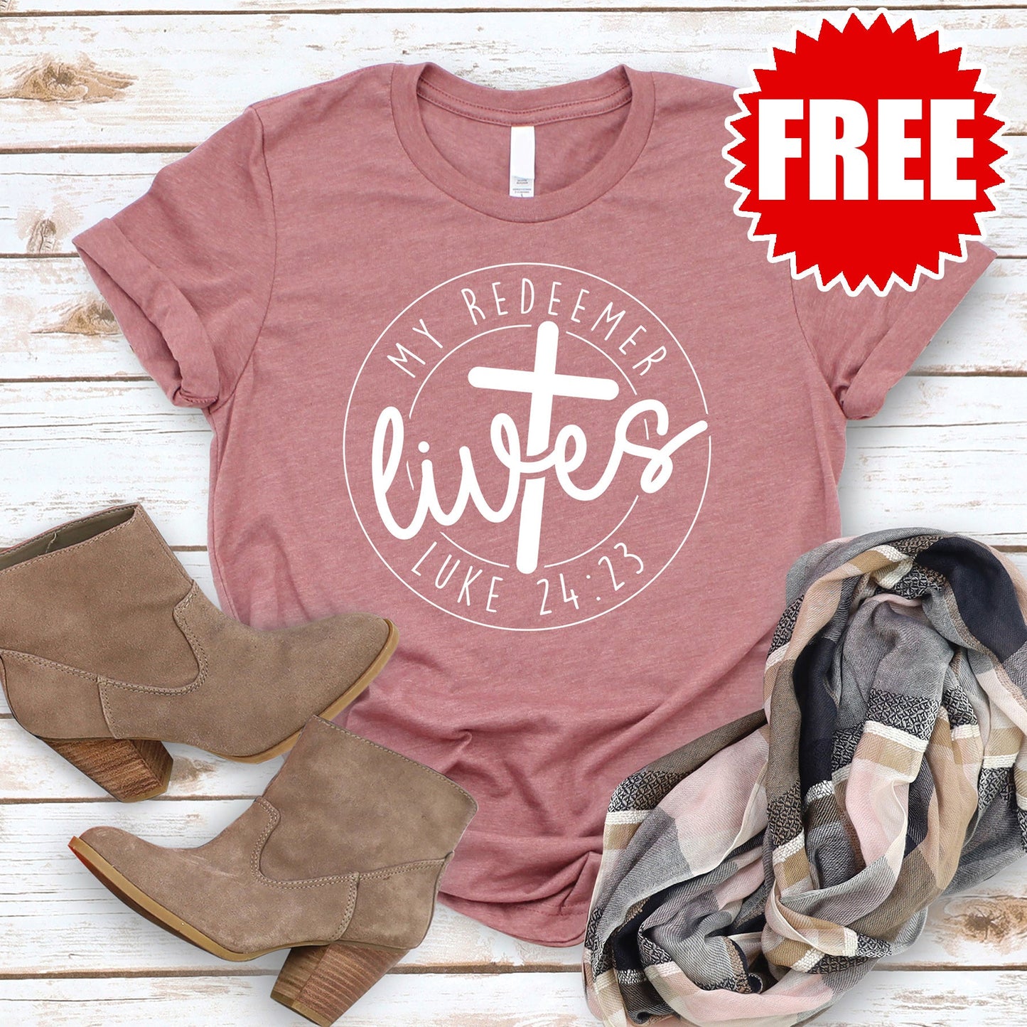 My Redeemer Lives Tee - Heather Mauve - FREE