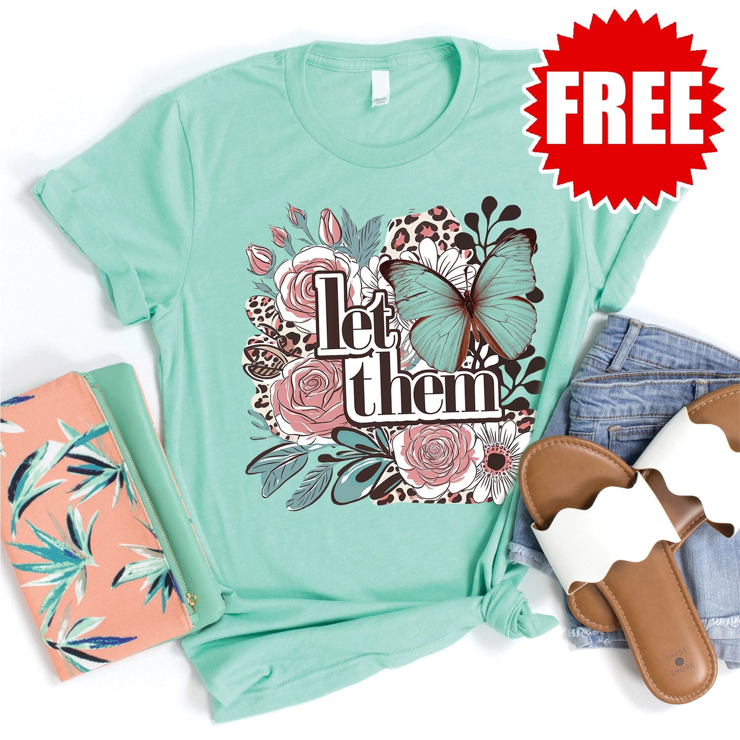 Let Them Butterfly Tee - Heather Mint - 0
