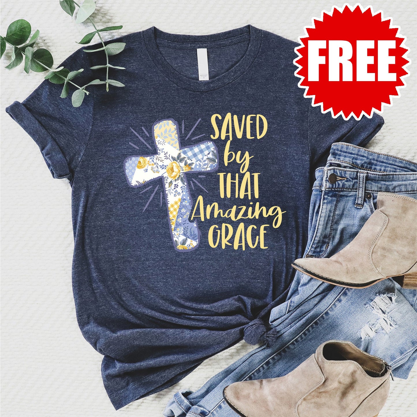 Saved By Amazing Grace Tee - Heather Navy - 0
