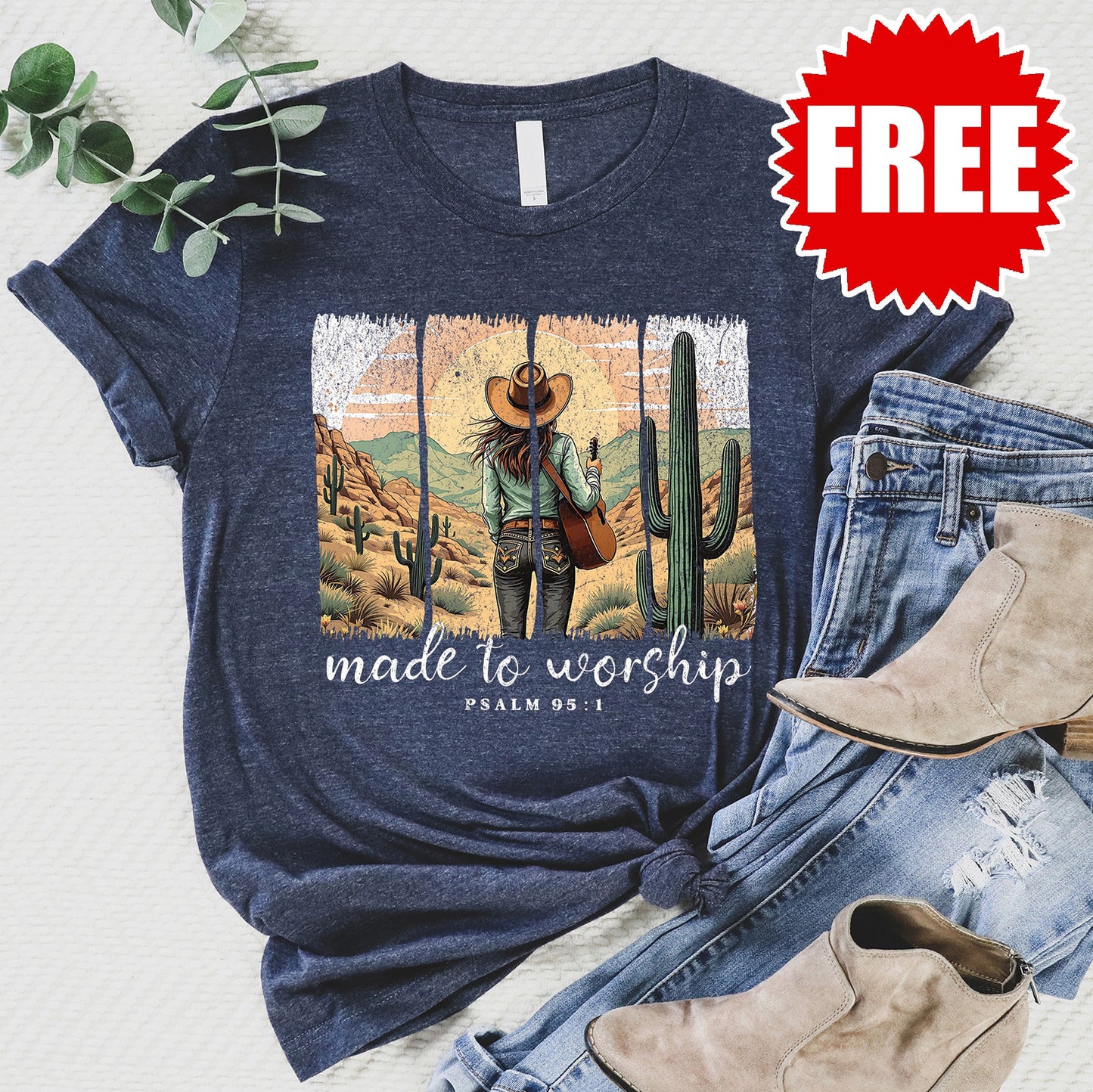 Made To Worship Western Tee - Heather Navy - FREE