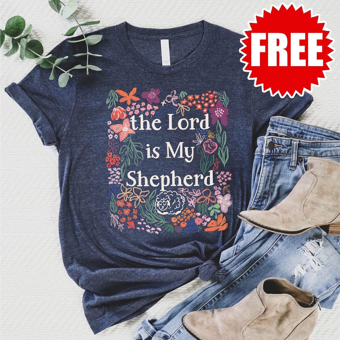 The Lord Is My Shepherd Tee - Heather Navy - FREE