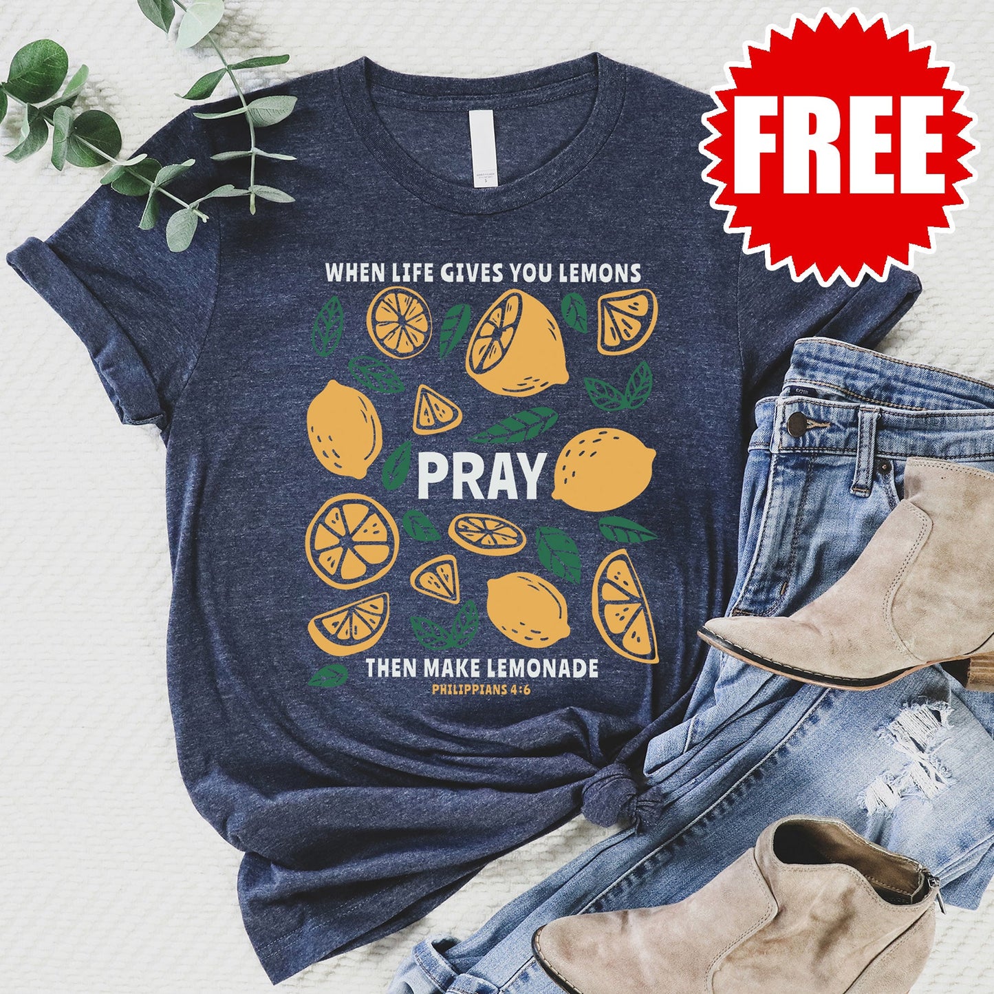 Lemons Pray Lemonade Tee - Heather Navy - FREE