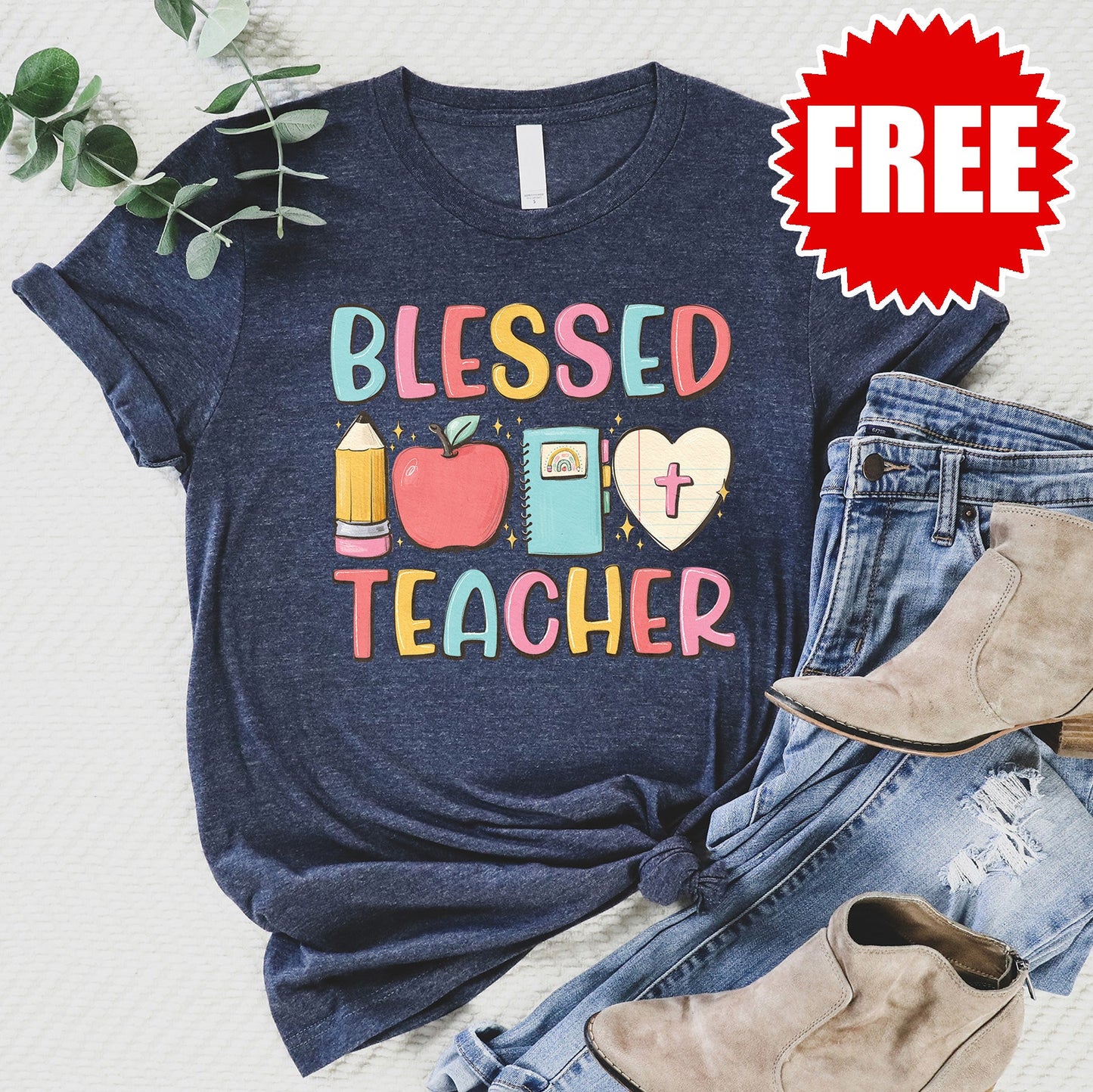 Blessed Teacher Tee - Heather Navy - 0