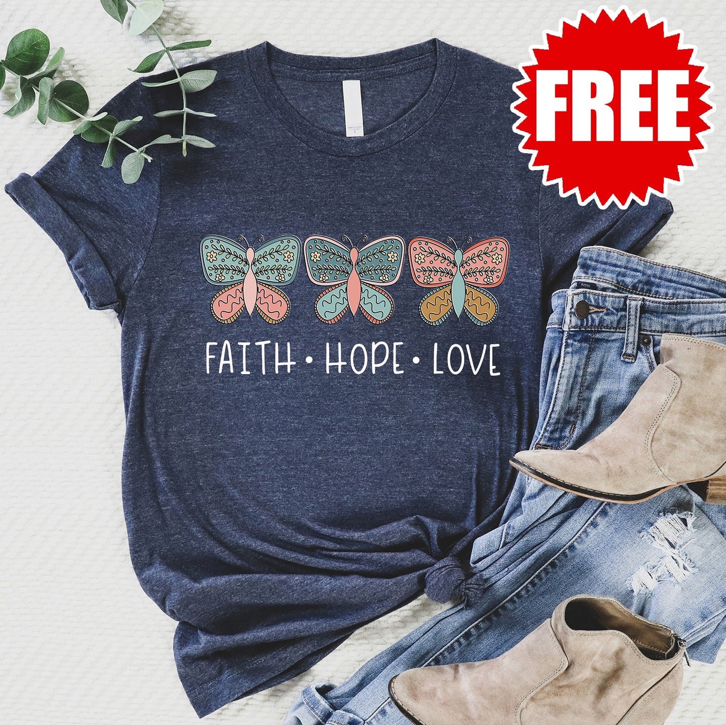 Faith Hope Love Butterflies Tee - Heather Navy - FREE