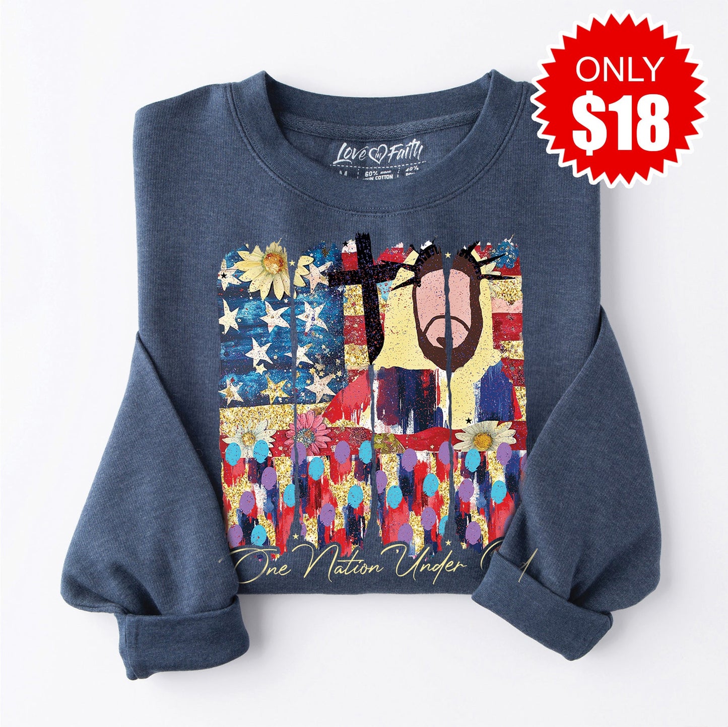 One Nation Under God Sweatshirt - Heather Navy - 18 Style001