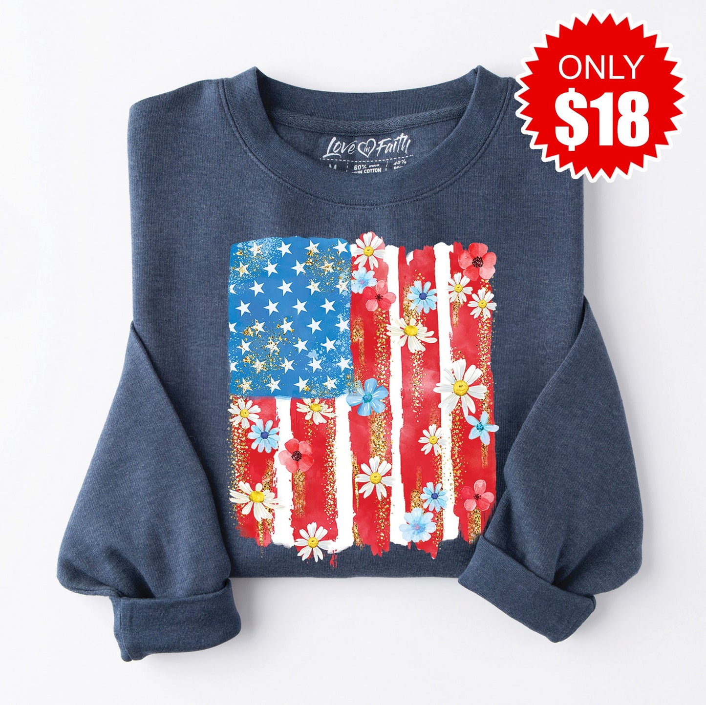 Patriotic Flag Sweatshirt - Heather Navy - 18
