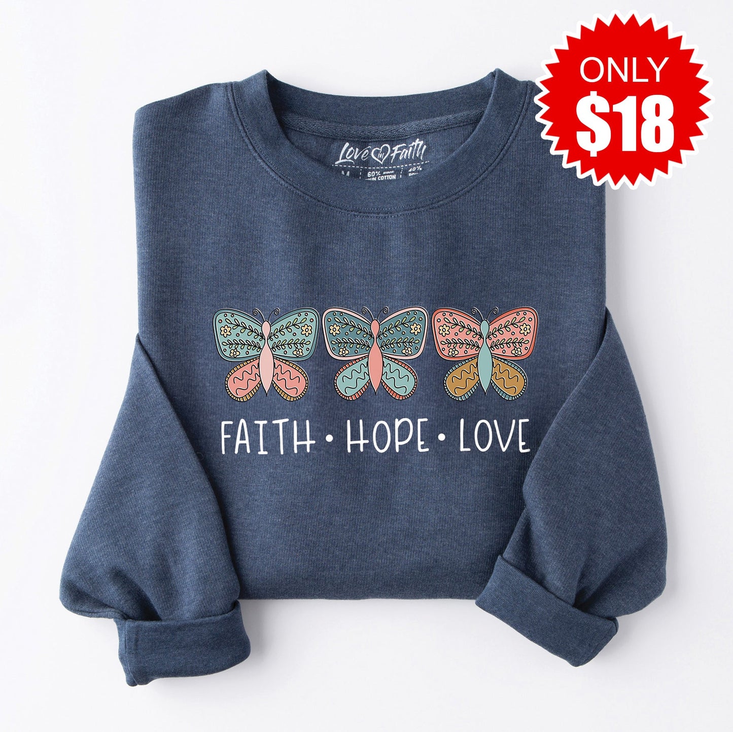 Faith Hope Love Butterflies Sweatshirt - Heather Navy - 18