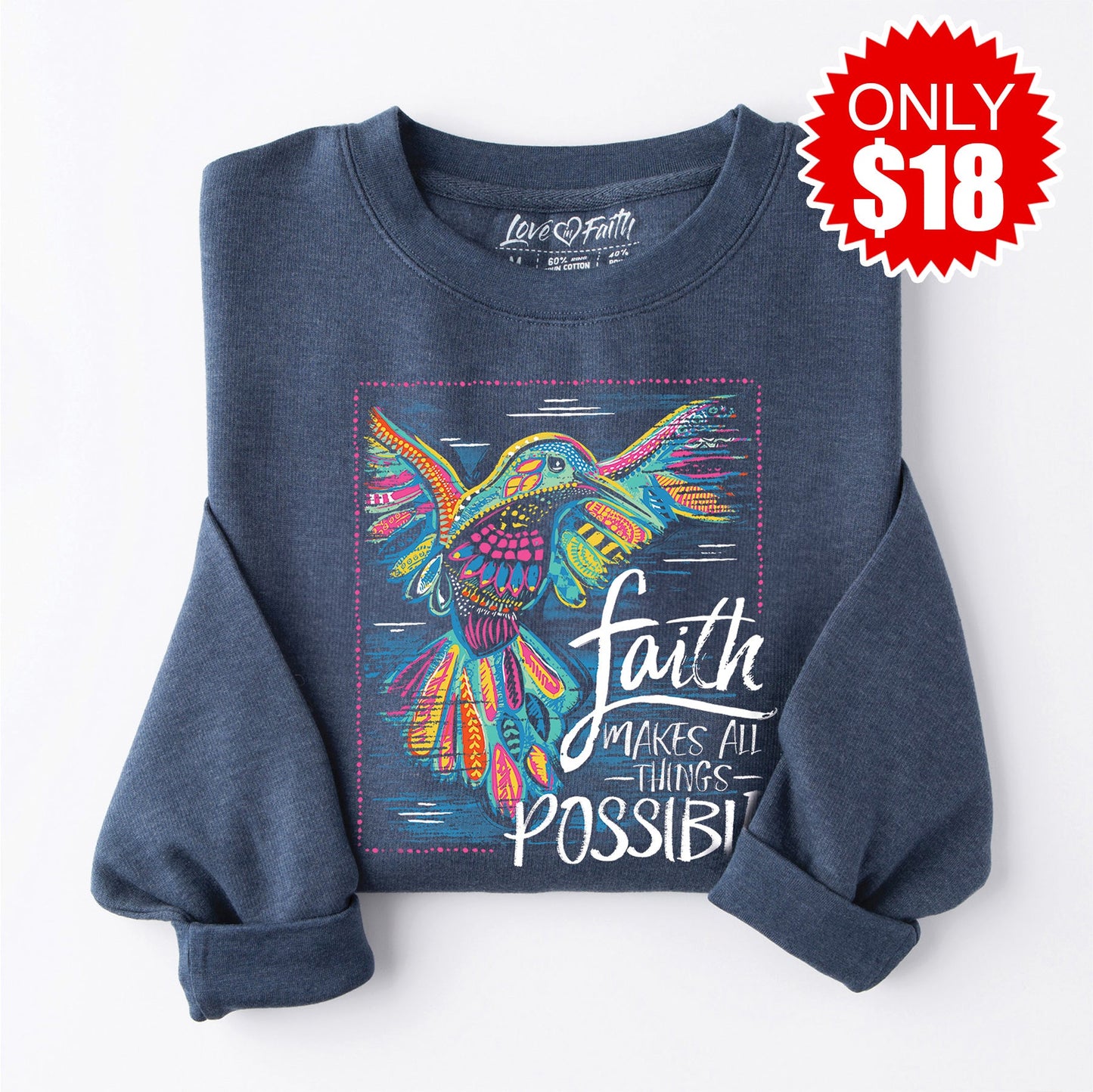 Faith Hummingbird Crewneck Sweatshirt - Heather Navy