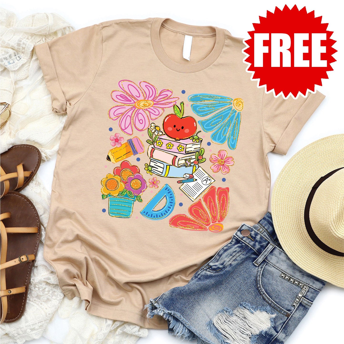 Floral Teacher Tee - Heather Sand Dune - 0