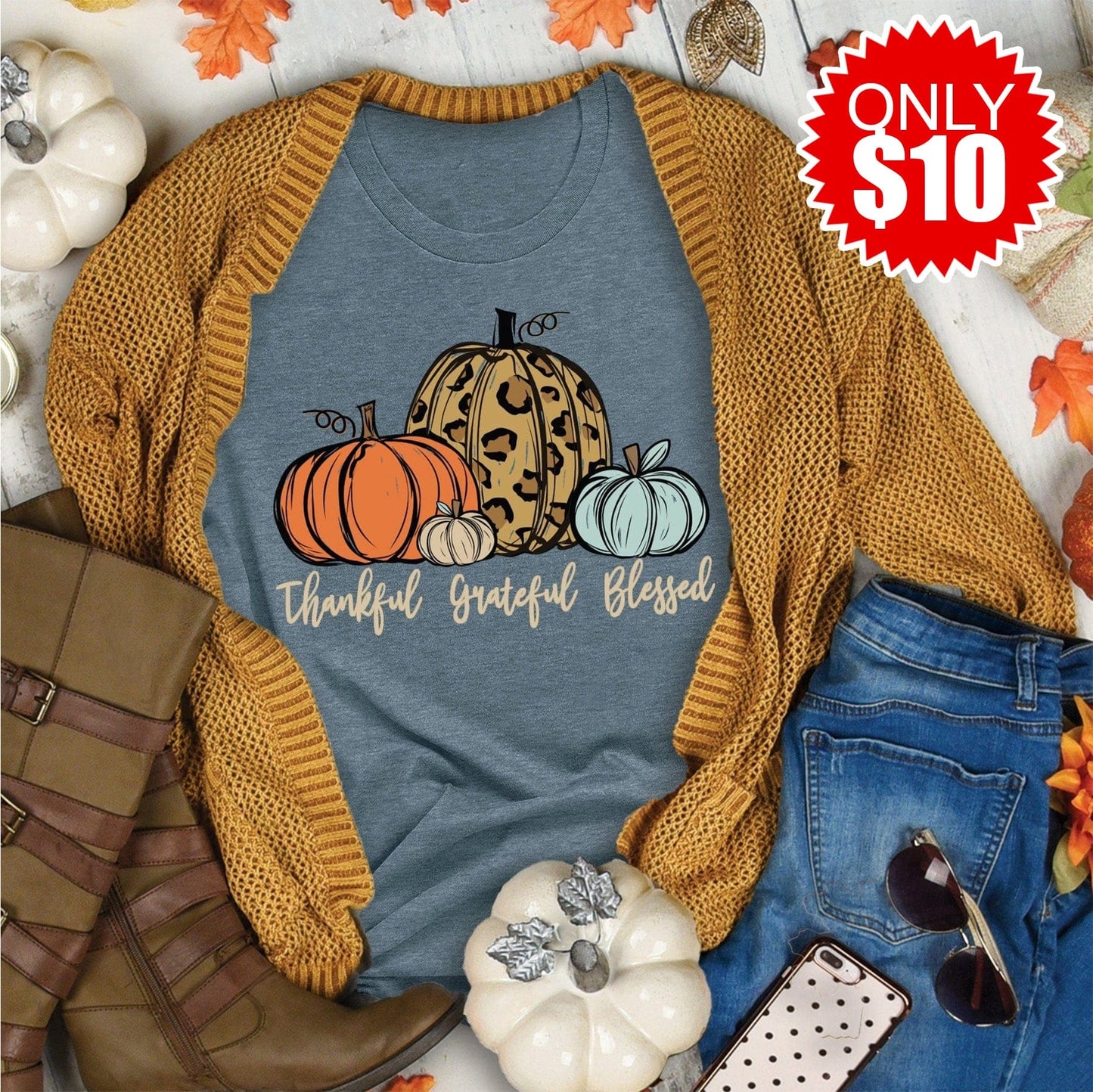 Thankful Grateful Blessed Pumpkin Tee - 10 - A