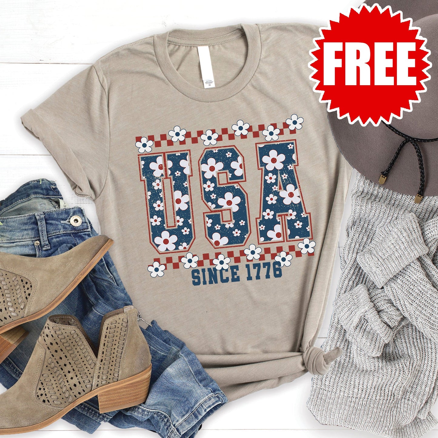 USA Varsity Floral Tee - Heather Stone - 0