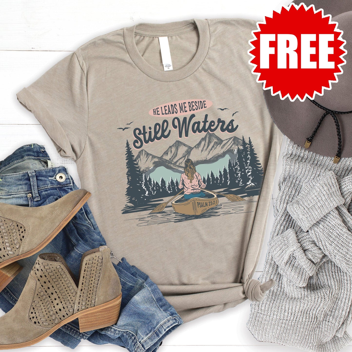 Still Waters - Psalm 23:2 Tee - Heather Stone - FREE