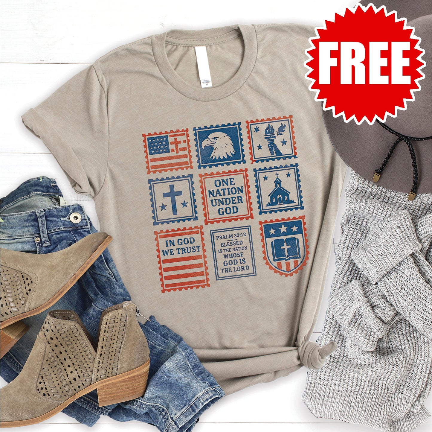 Patriotic Stamps Tee - Heather Stone - 0