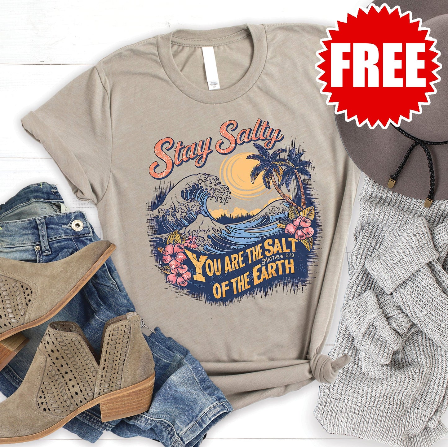Stay Salty Tee - Heather Stone - 0