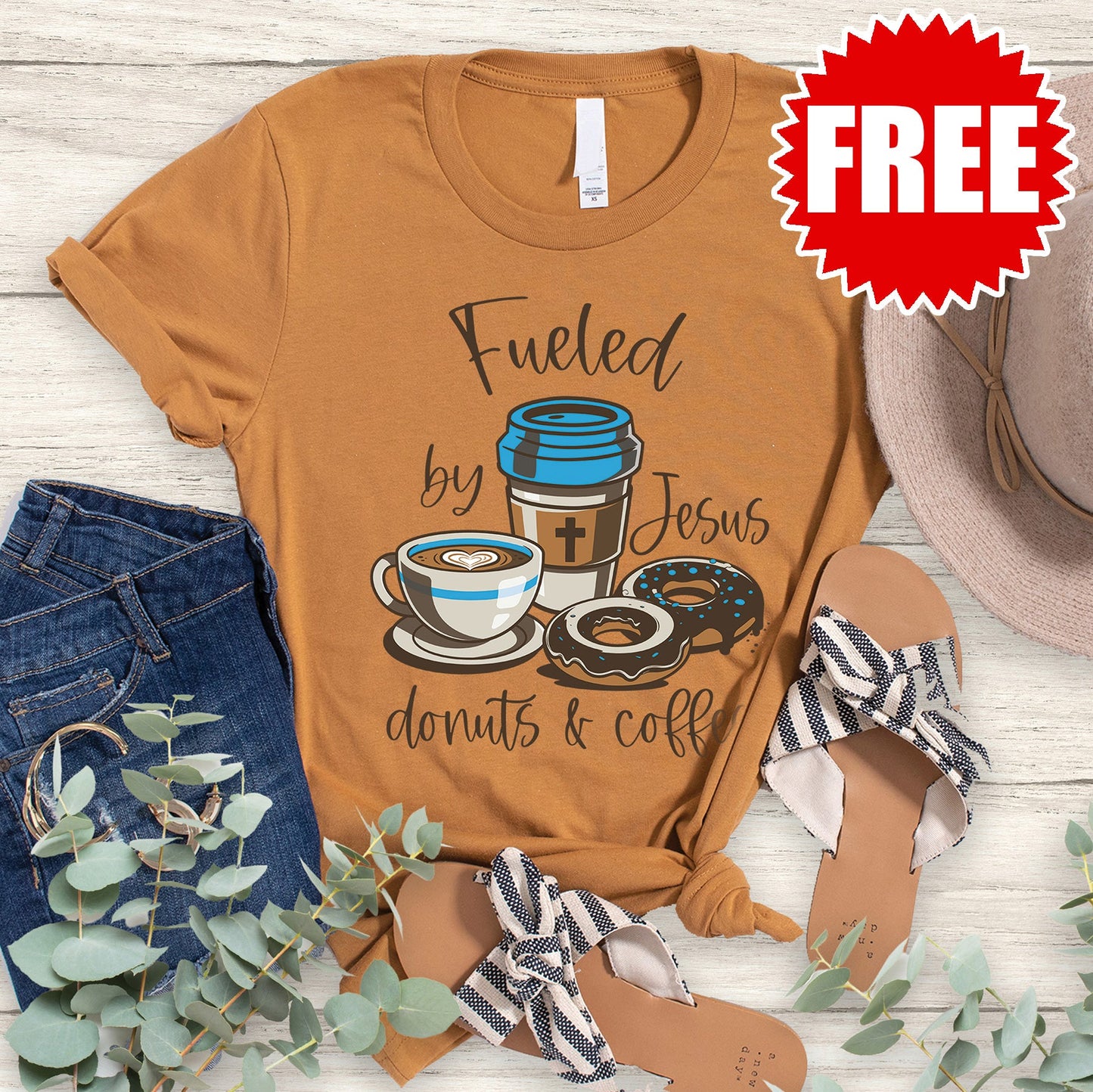 Jesus Donuts and Coffee Tee - Heather Toast - 0