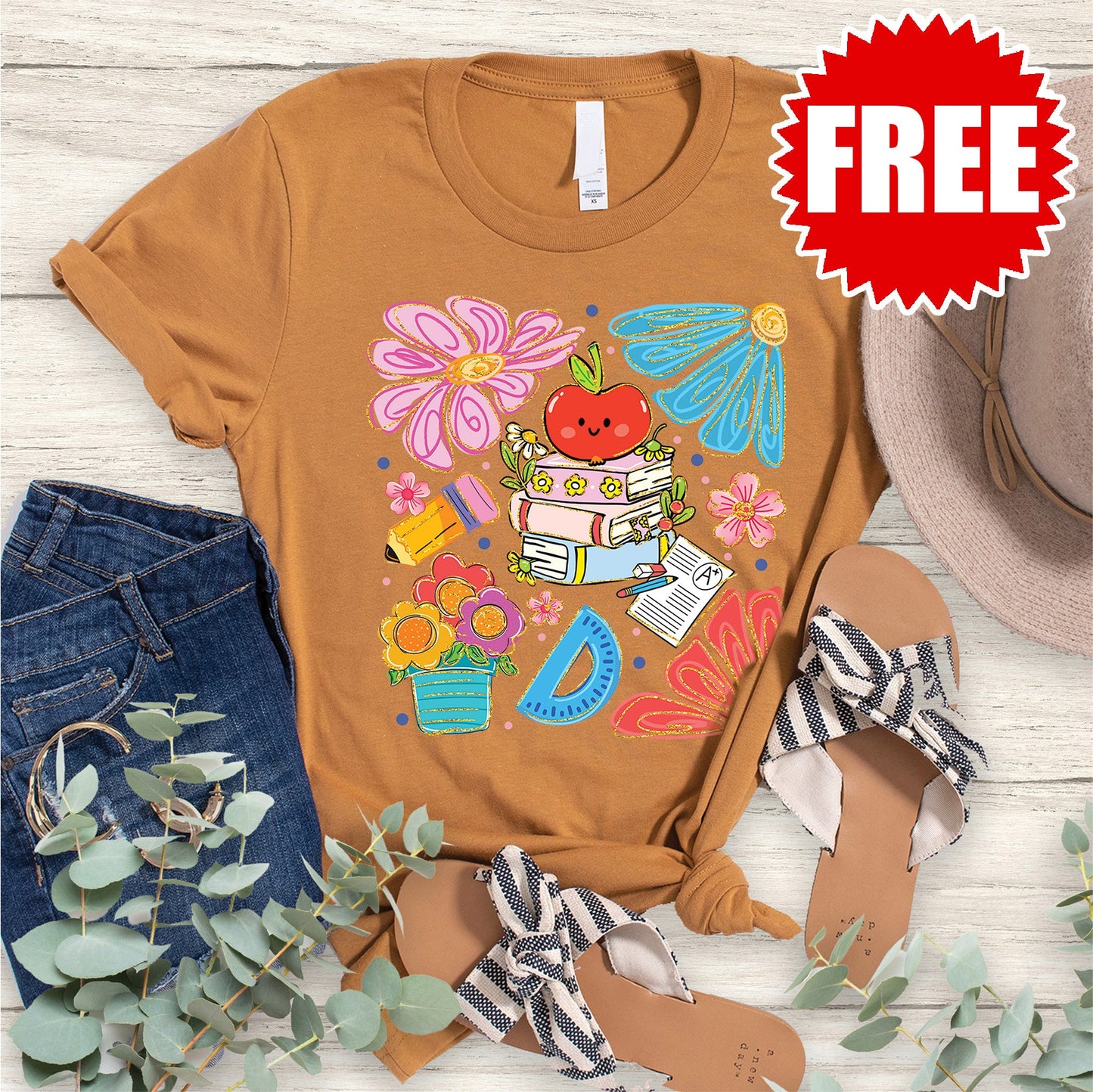 Floral Teacher Tee - Heather Toast - 0