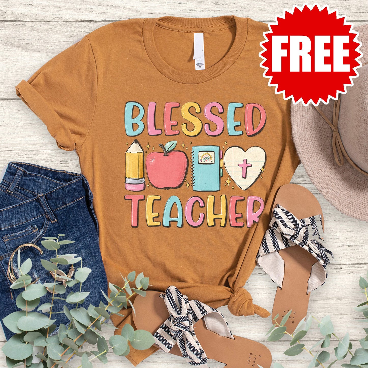 Blessed Teacher Tee - Heather Toast - 0