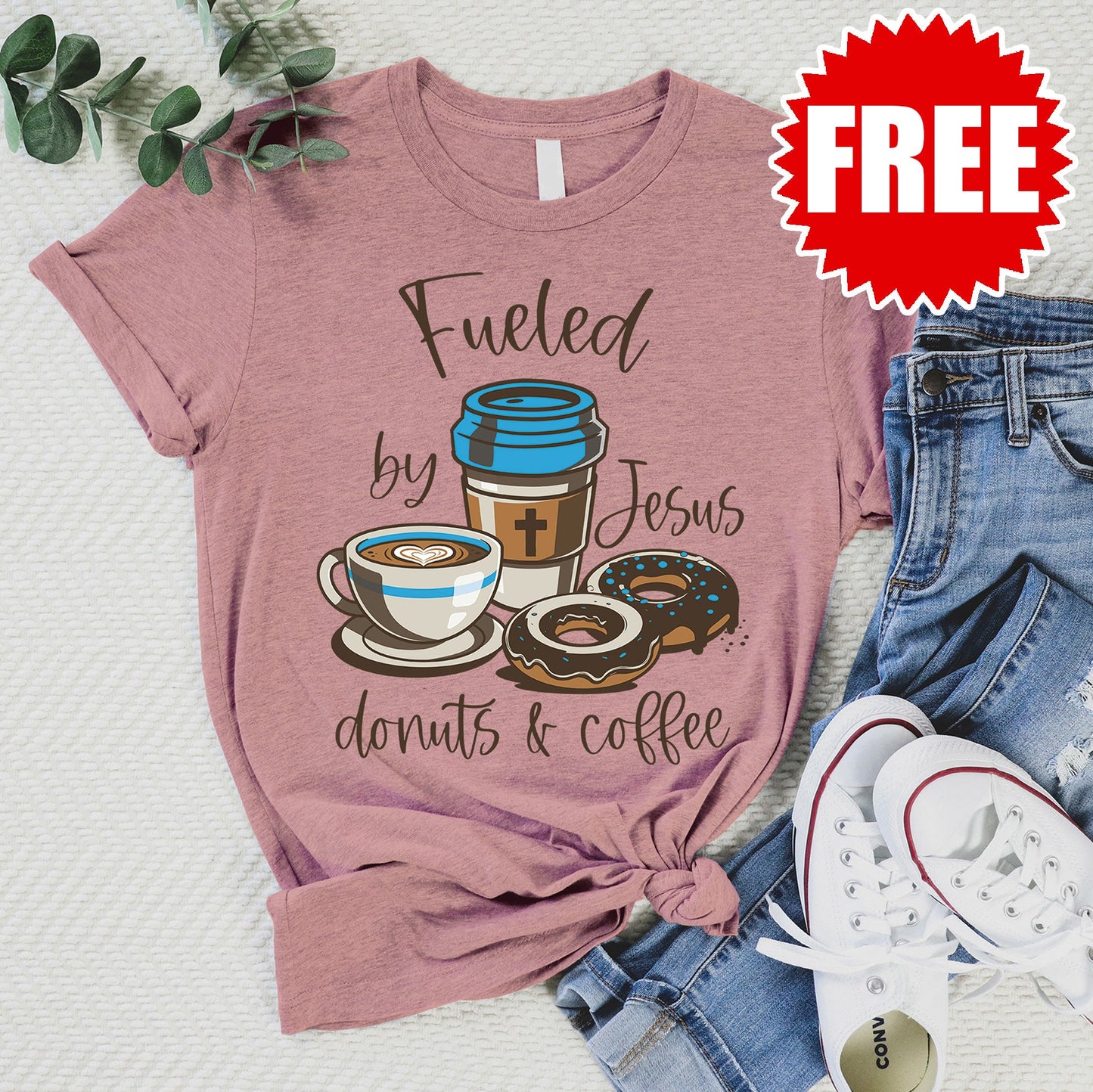 Jesus Donuts and Coffee Tee - Heather Zephyr - 0
