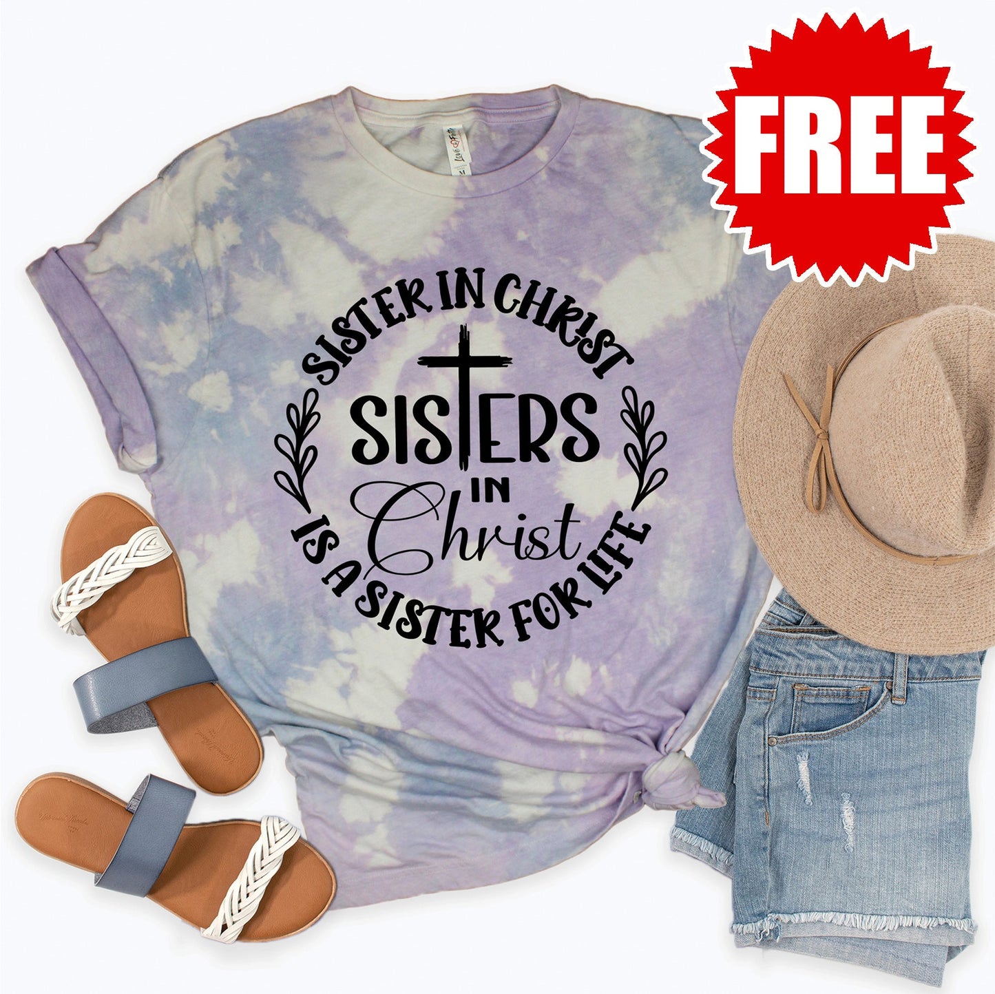 Sisters In Christ Tee - Lavender Sky Tie Dye - 0