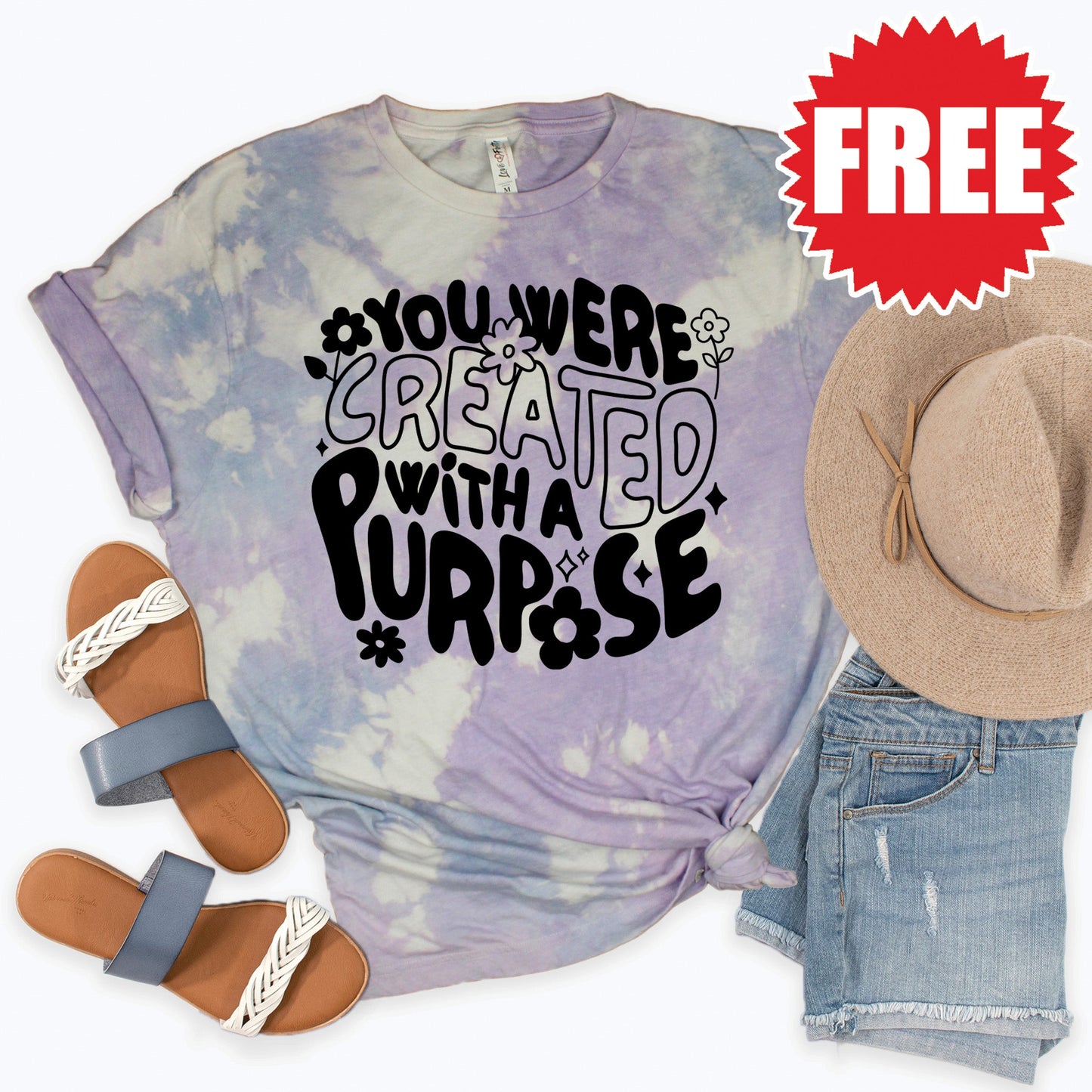 Your Were Created With A Purpose Tee - Lavender Sky Tie Dye - 0
